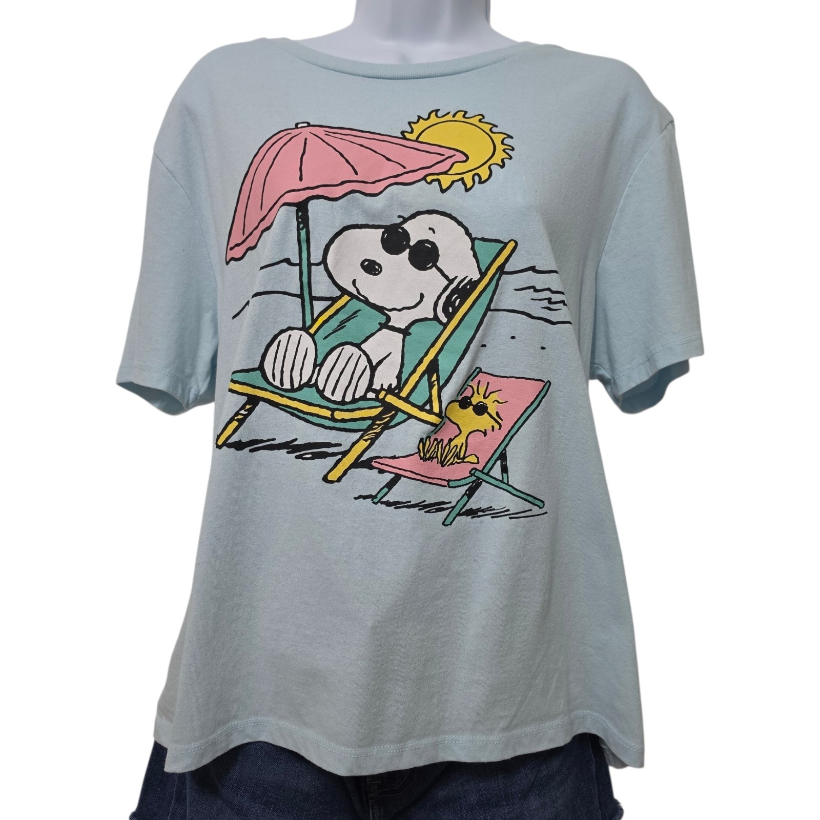 LOVE TRIBE Peanuts Snoopy Woodstock Beach Graphic T-Shirt Women’s XL Pastel Blue