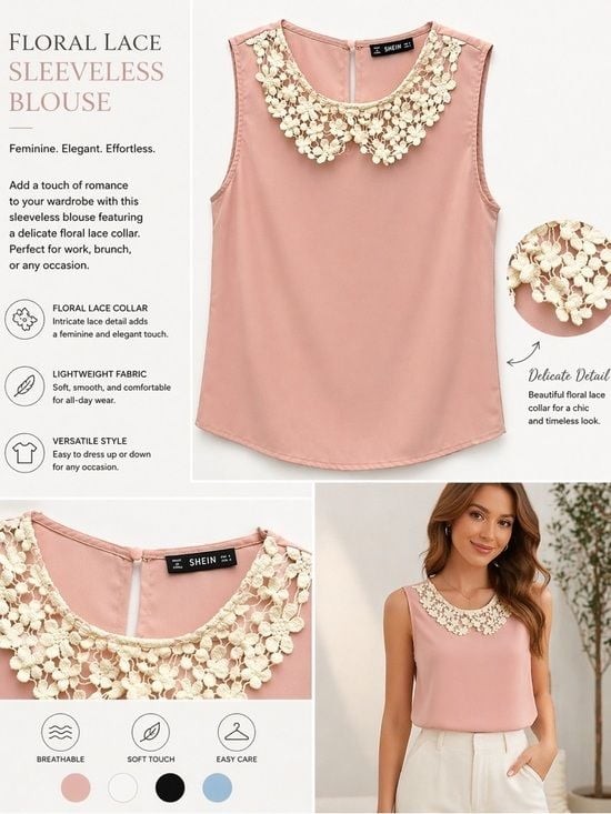 SHEIN Blush Pink Lace Collar Sleeveless Blouse | Feminine Chic Top Sz S
