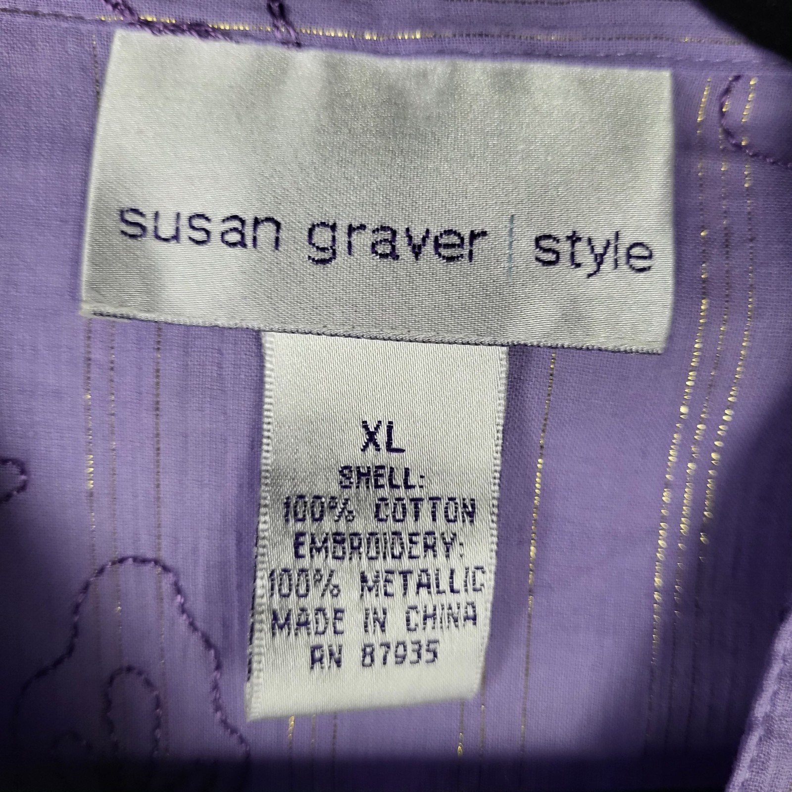 Susan Graver Tunic Blouse Women’s XL Purple Button Front Long Sleeve Embroidered