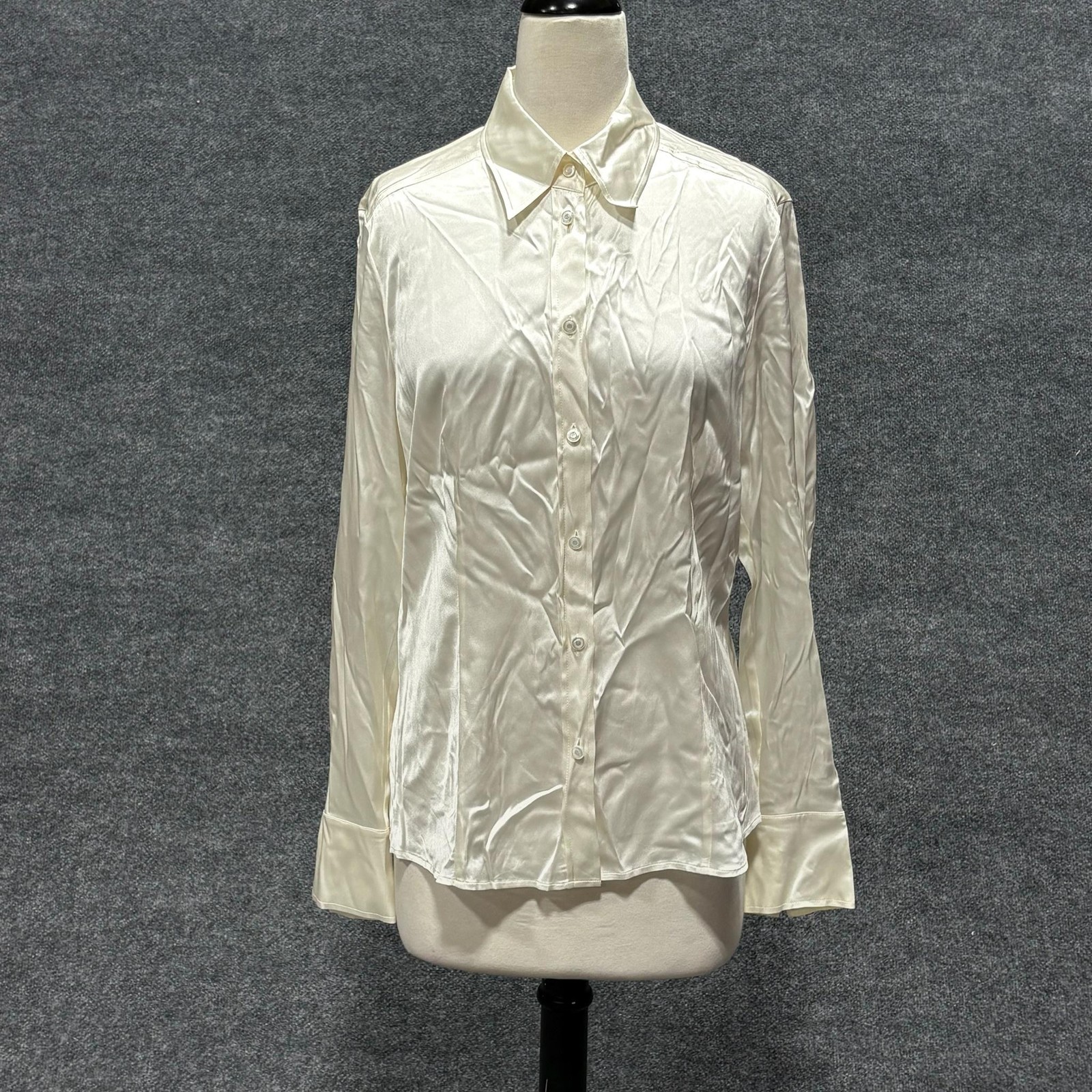 Escada Blouse Womens 40 Off White Silk Stretch Satin Button Up Long Sleeve Top