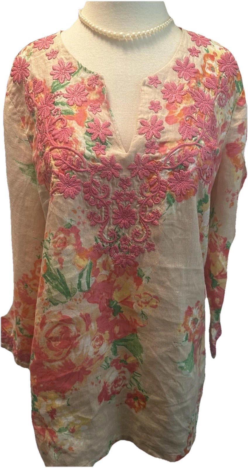 Charter Club Pretty Linen Top – Large – Long Sleeves, Embroidered, Side Slits