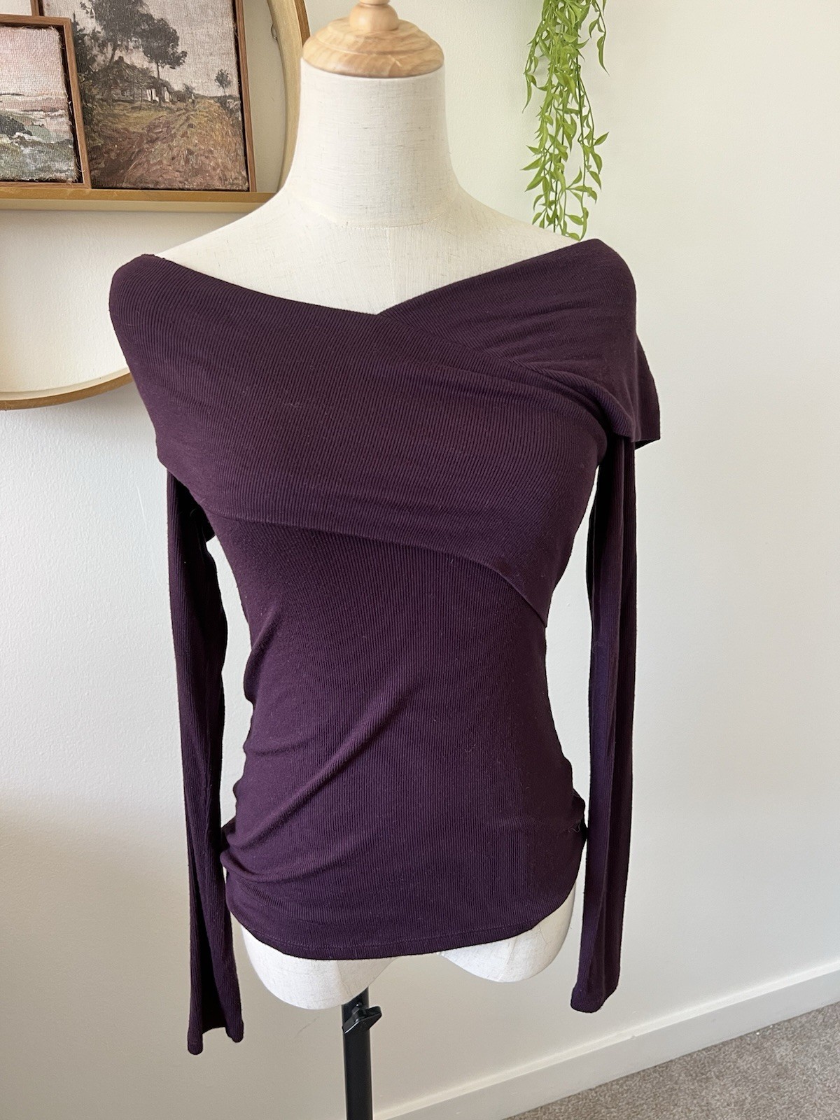 Babaton Aritzia Wine Purple Off Shoulder Top Asymmetrical Long Sleeve XS