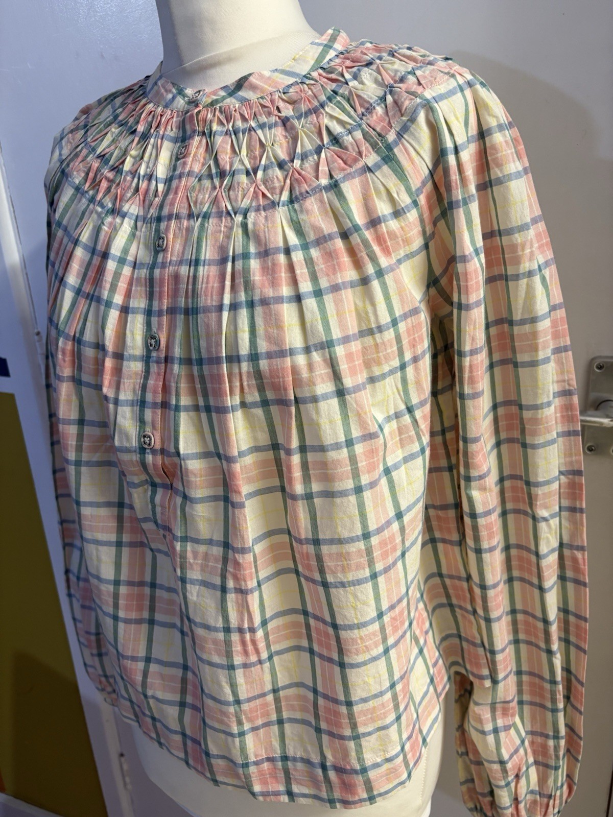 Boden UK 10 Smocking Detail Blouse multi-color checked 100% Cotton