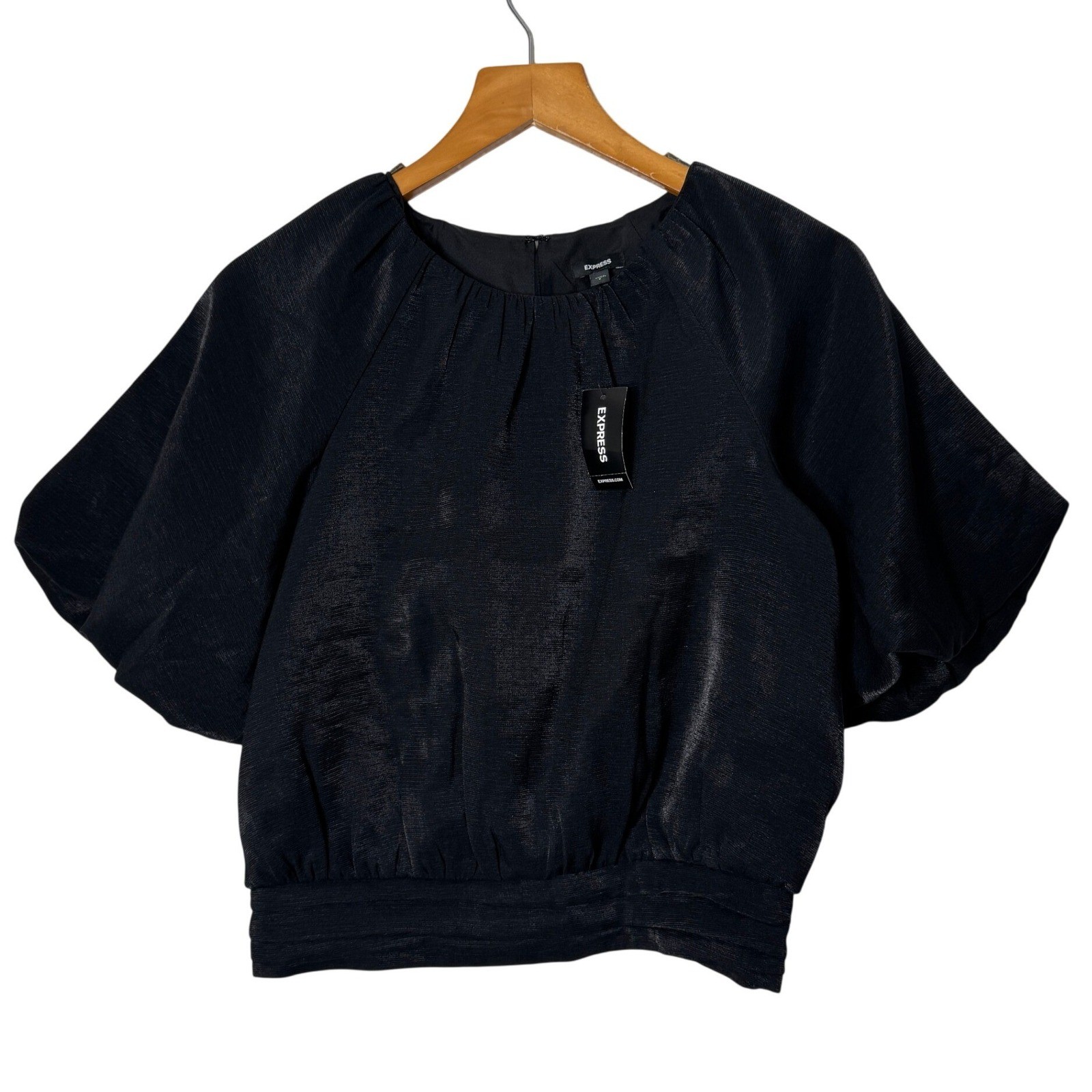 Express Gathered Neck Puff Sleeve Banded Bottom Top Black Blouse Womens Size NEW