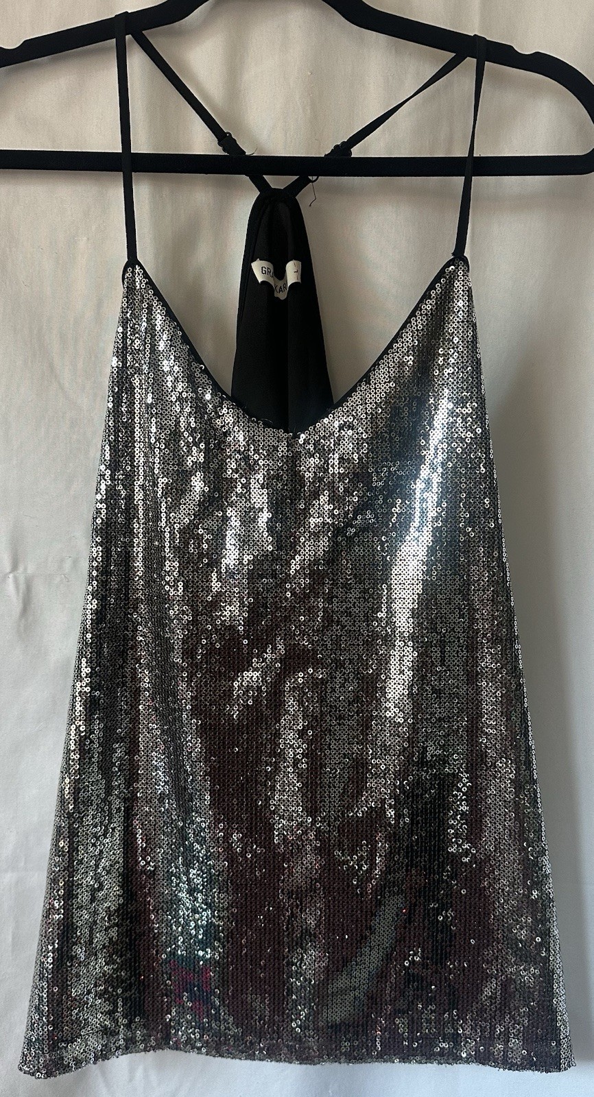Grace Karin Silver Sequin Halter Cowl Neck Tank Top XL Y2K Party Club Lined