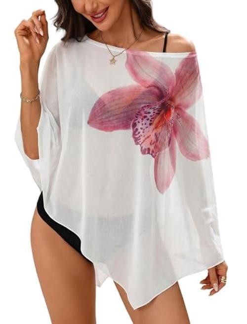 Women’s Beach Mesh Cover Ups Floral Print Off the Shoulder XX-Large White