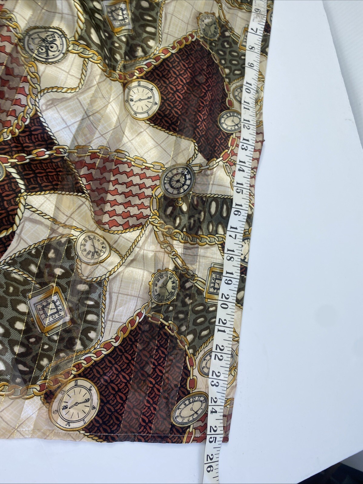 Martinique Blouse Woman Size 12 Gold Brown Red Silky Poly Print Button Front