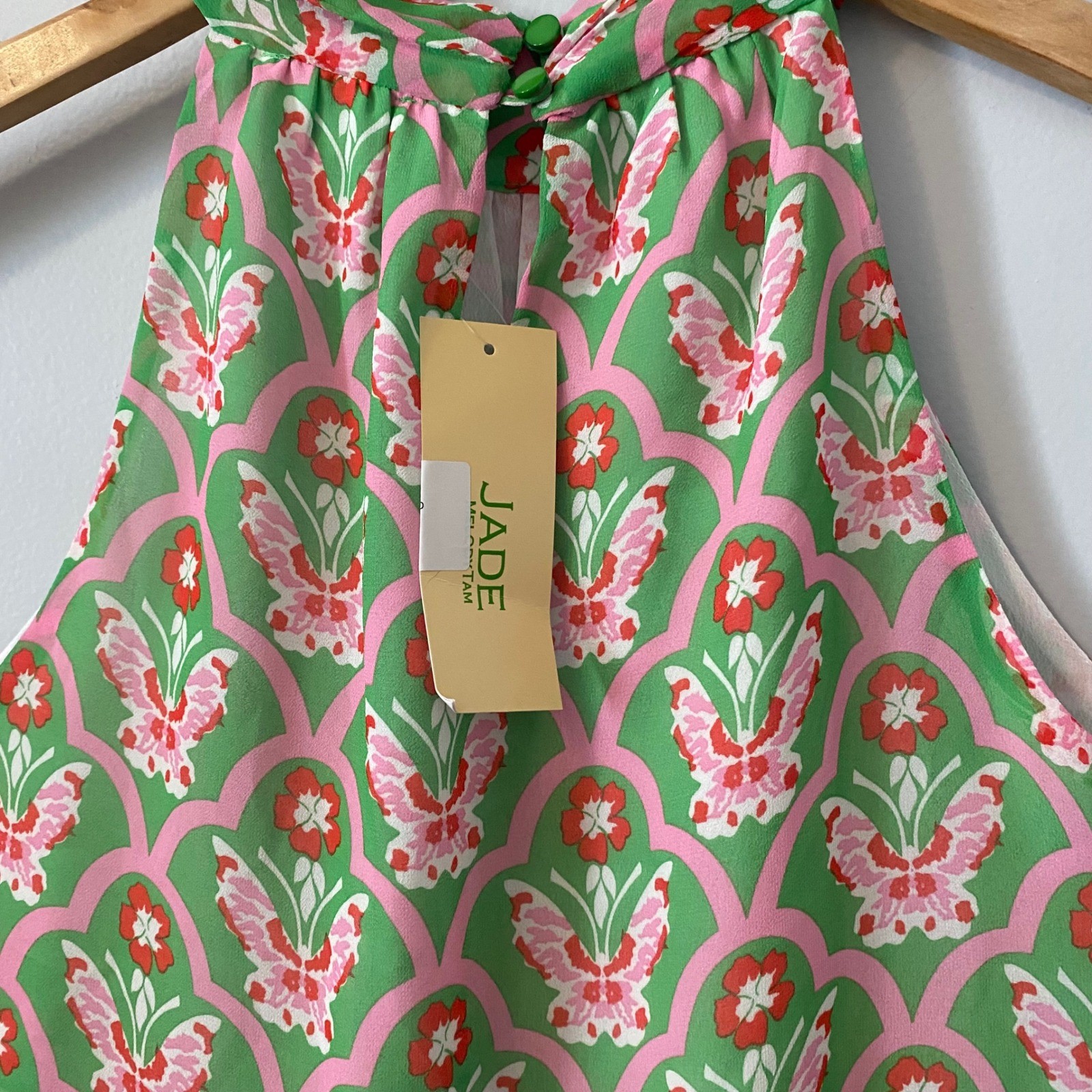 Jade Melody Tam Whimsical Green Pink Butterfly Floral Halter Mock Neck Top