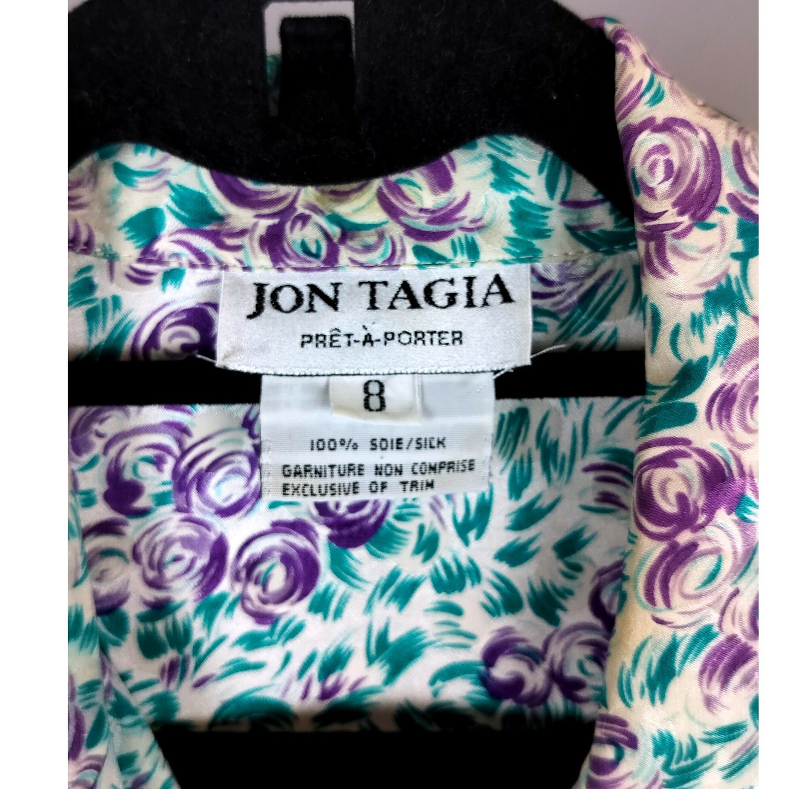 90s Jon Tagia Silk Floral Button Down Shirt Womens Purple Green Rose Print 8