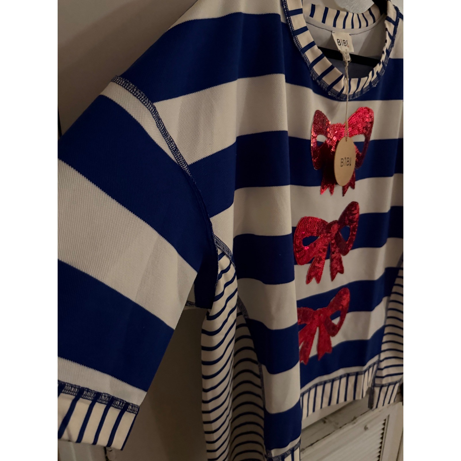 BiBi Womens XL Striped Sequin Bow Top Blue White Nautical Short Sleeve NWT