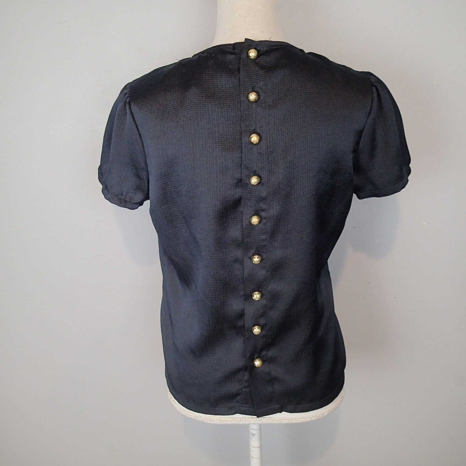 tulle Los Angeles blouse Top Sz m black white lace trim gold tone buttons back