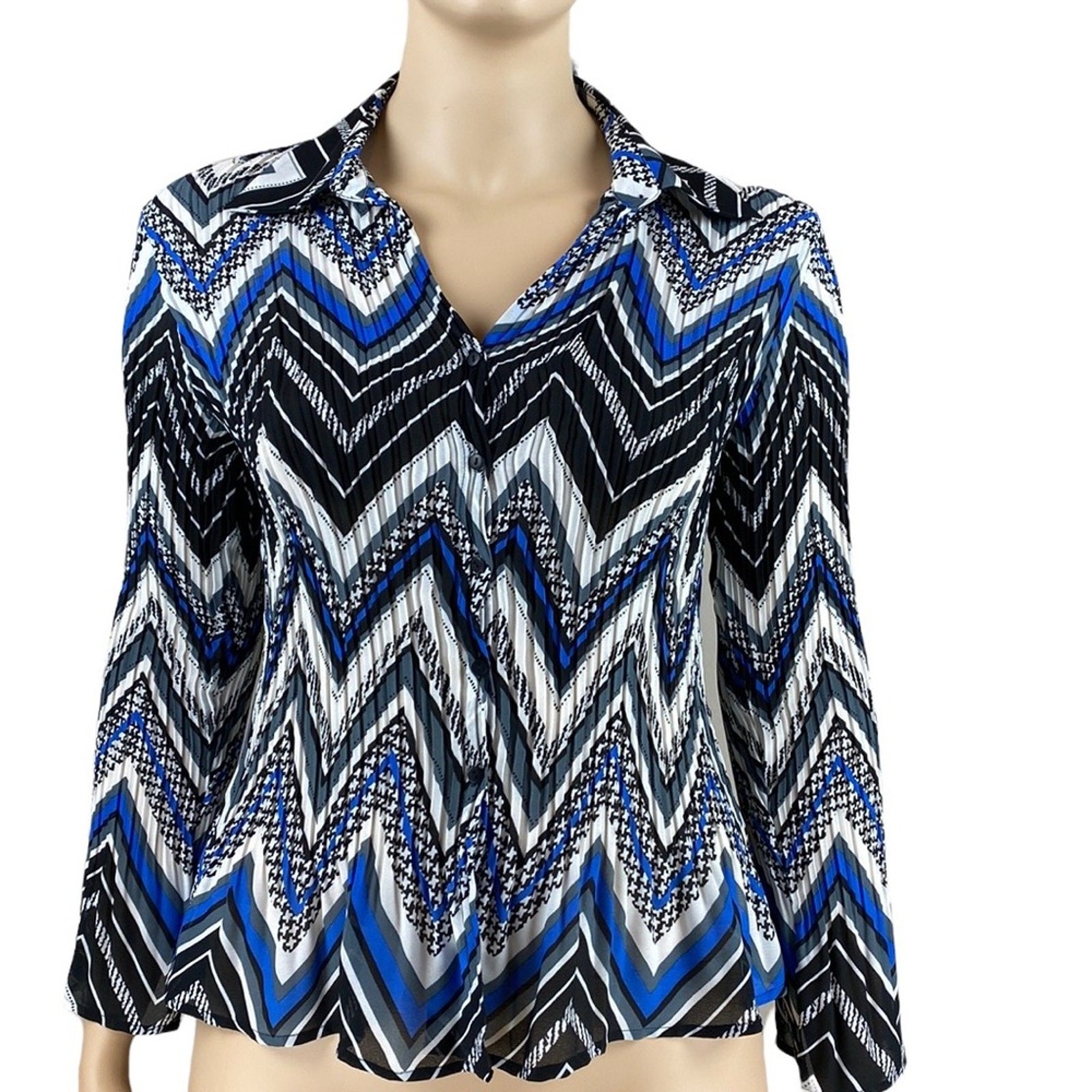 Sunny Taylor Women 1X Blouse Blue Black Chevron Pleated Bell Sleeve Button Front