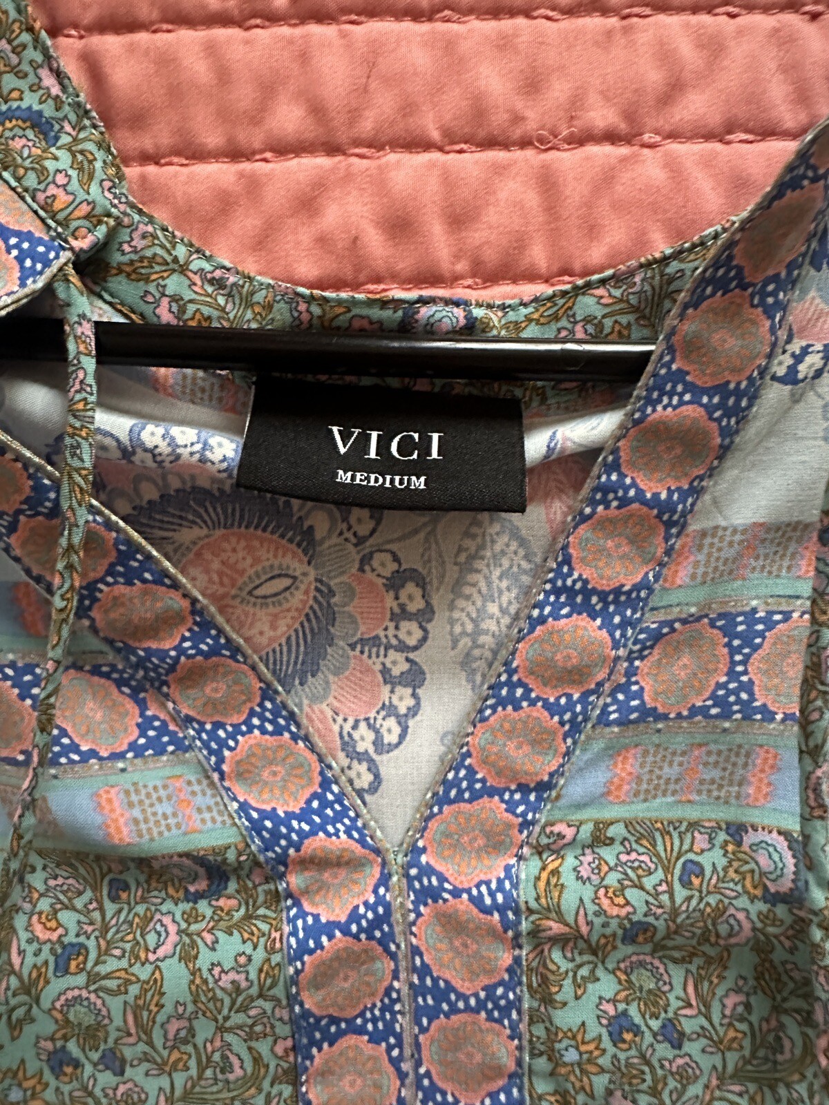VICI Collection Blouse- Deep Water Floral Tassel Top New Without Tags