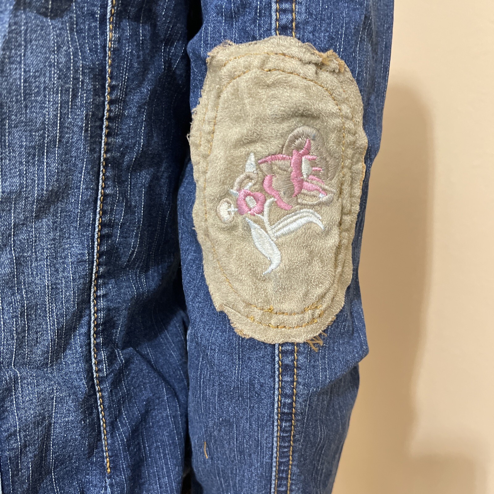 Women’s Blue Denim Cotton Velvet Patch Embroidered Buttons Size S Blouse Top