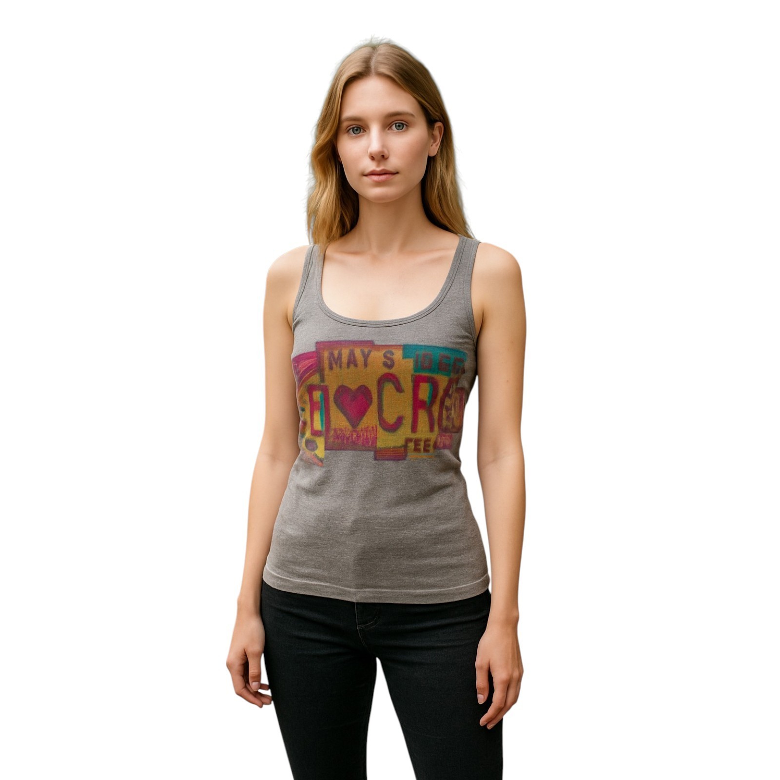 Steve Madden Small to Medium “Mad Crzy” Gray Tank Top Pink Yellow Blue