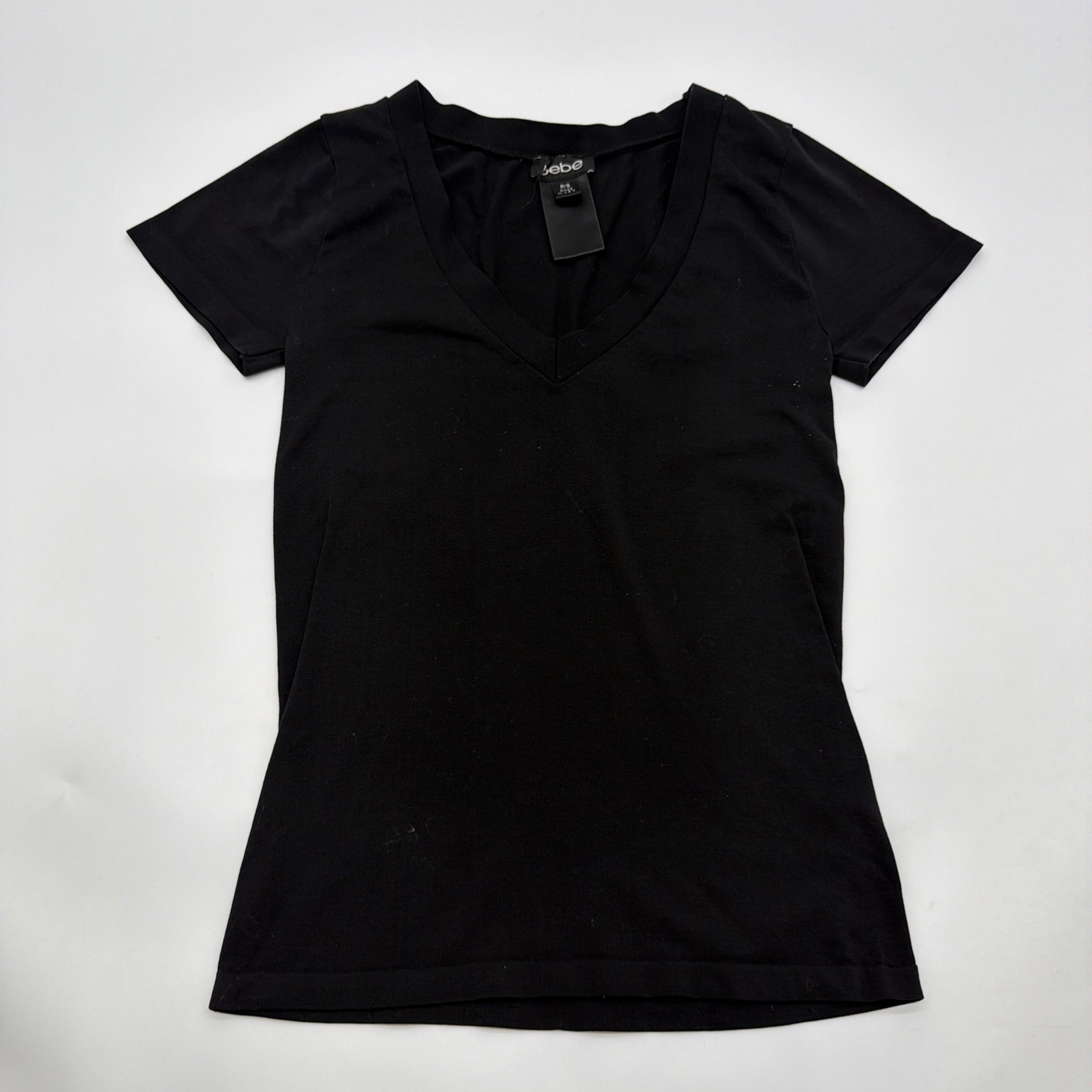 Bebe T-shirt Women P/S Black Solid V-Neck In USA.#45308