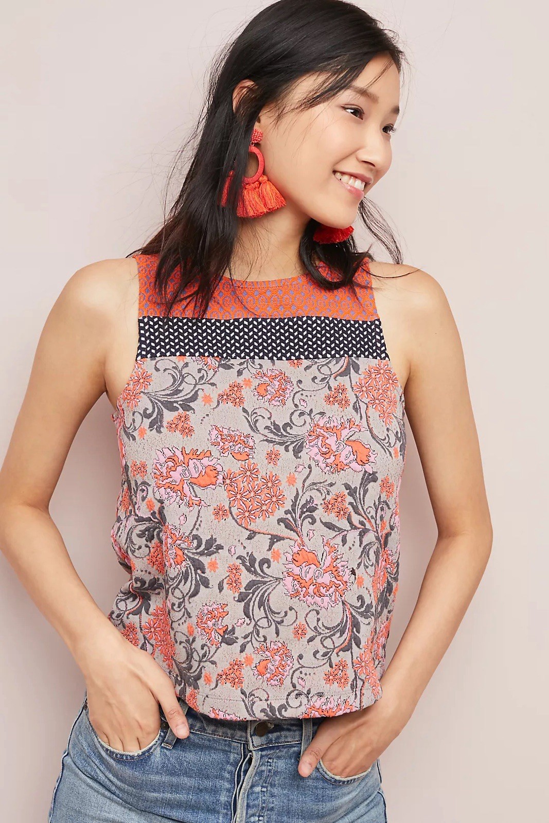 Meadow Rue by Anthropologie Poppy Jacquard Tank Top Grey Orange Sleeveless S