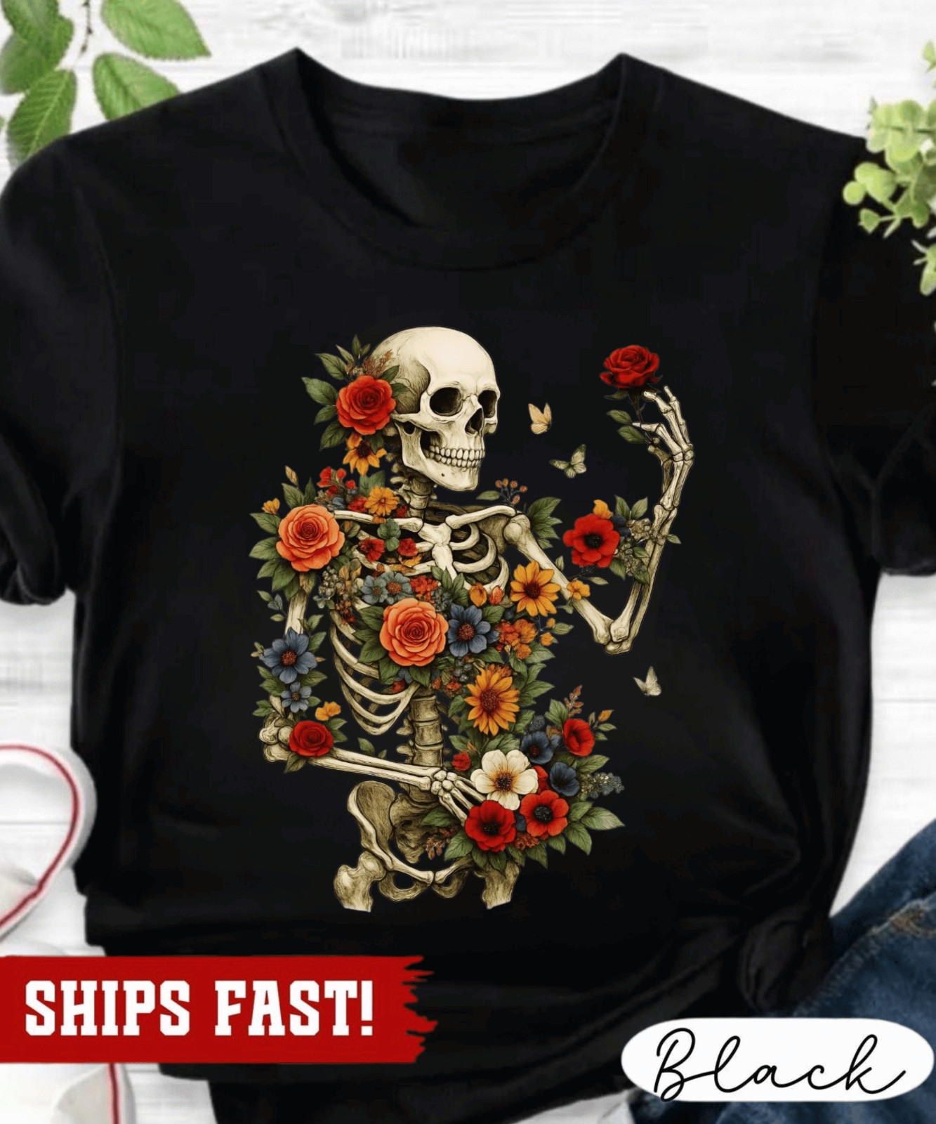 Dark Botanical Skeleton Shirt Gothic Cottagecore Tee Floral Skull Tshirt Dark Ac