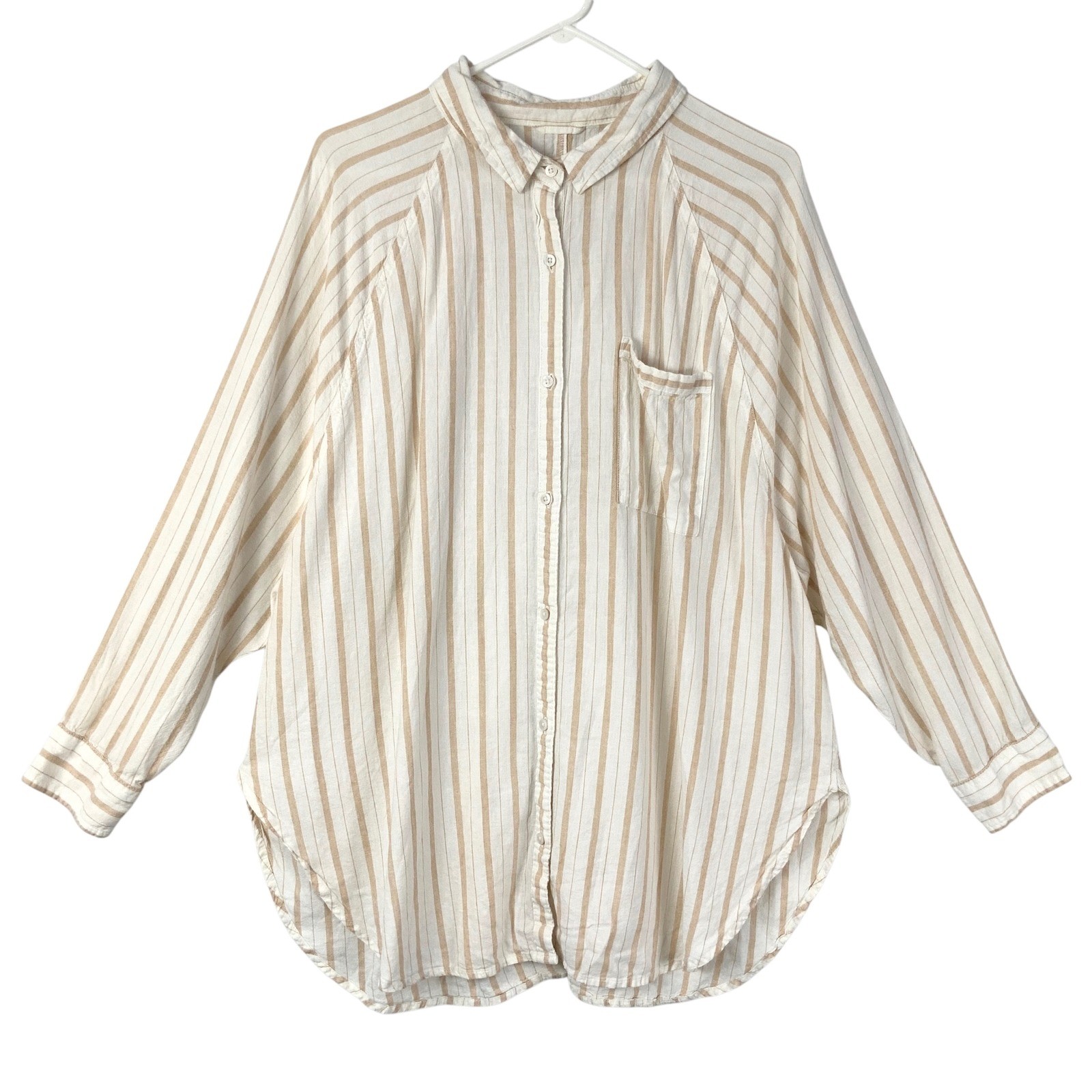 Aerie Cream Tan Striped Button Up Shirt Large Collared Long Slv Raglan Oversized