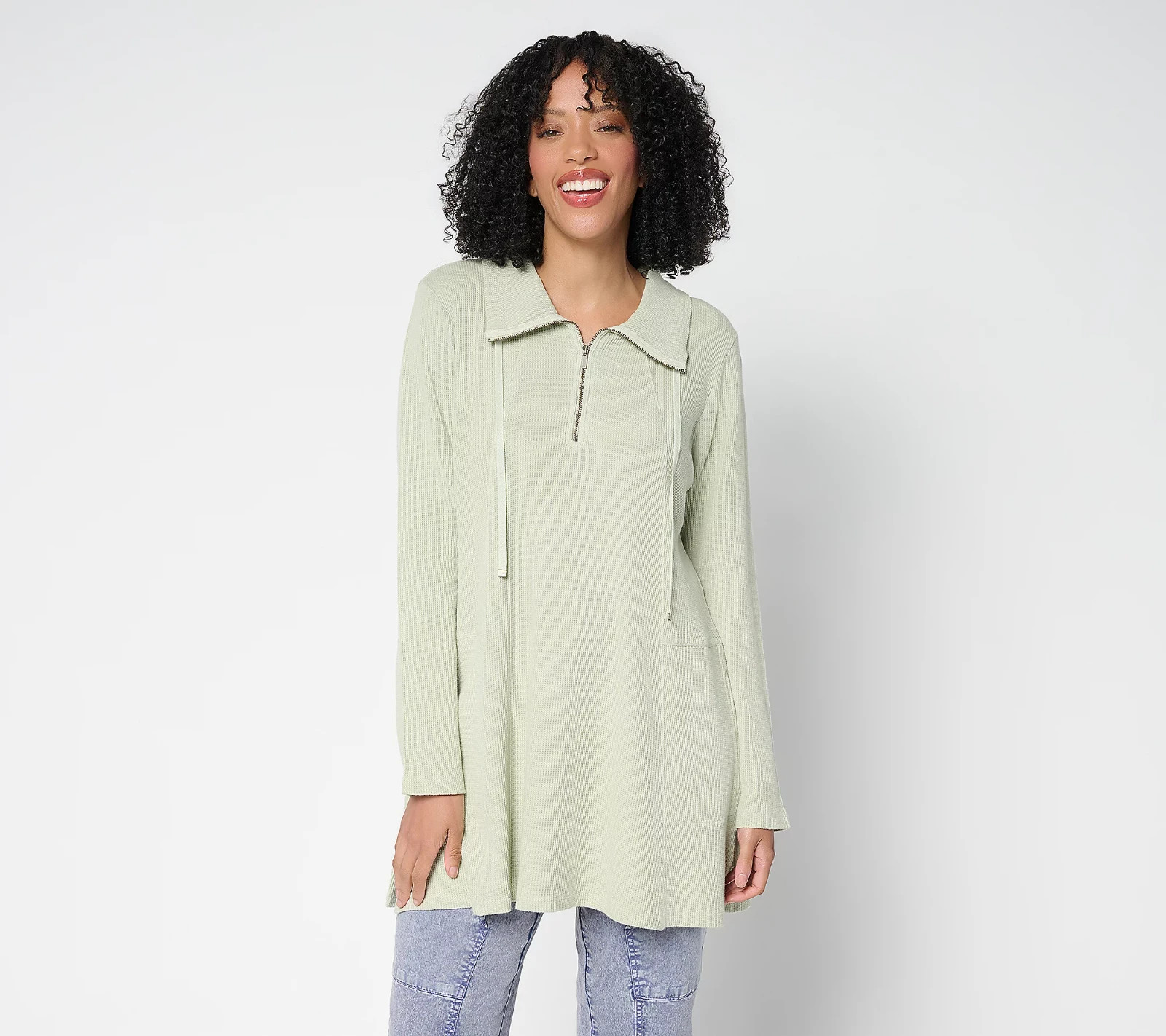 LOGO by Lori Goldstein Regular Cotton 1/4 Zip Waffle Top NWT A698996