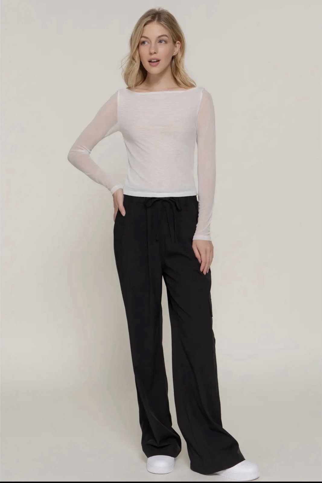 Active Women’s White Mesh Casual Boat Neck Sheer Long Sleeve Stretch Blouse
