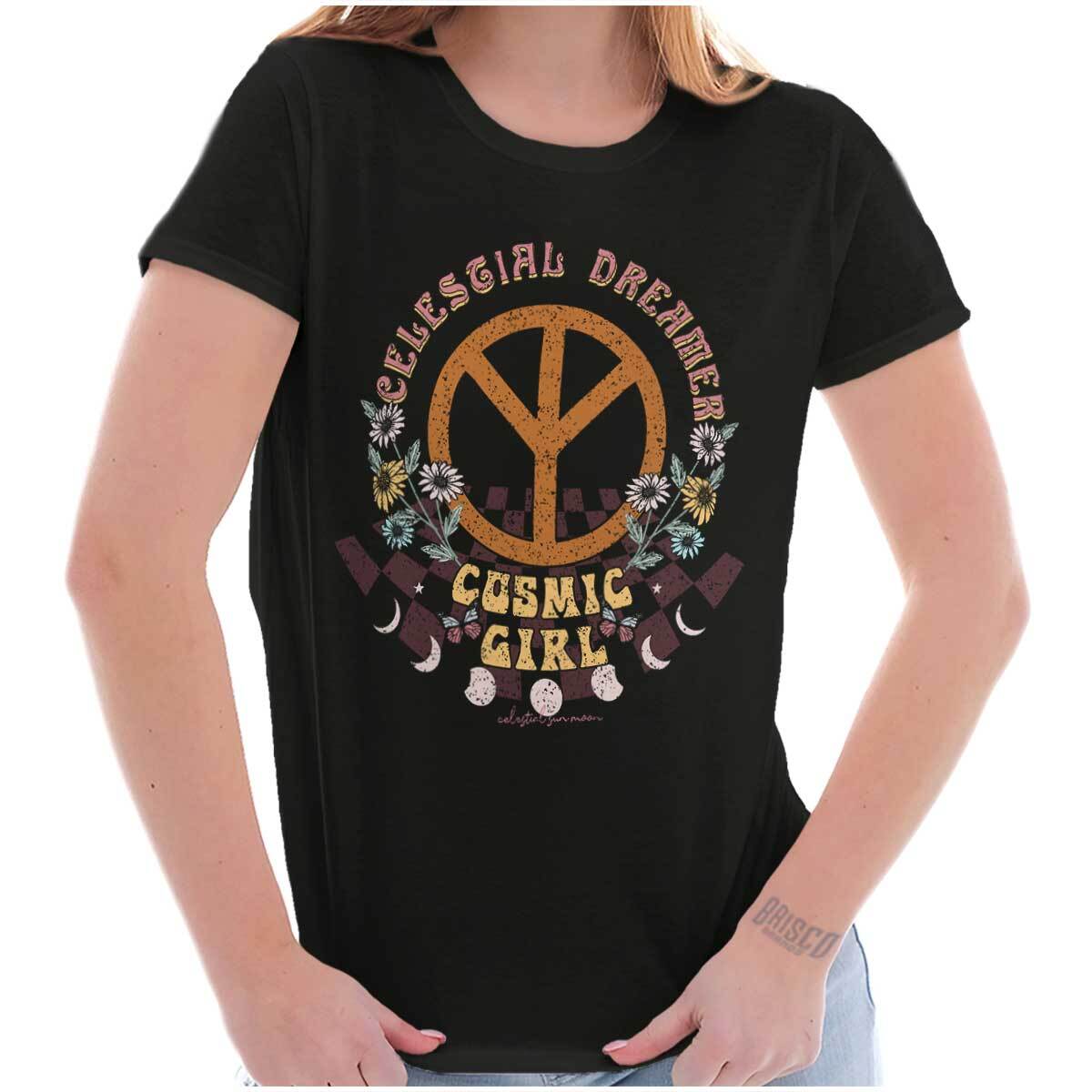 Cosmic Girl Celestial Dreaming Peace Sign Graphic T Shirts for Women T-Shirts