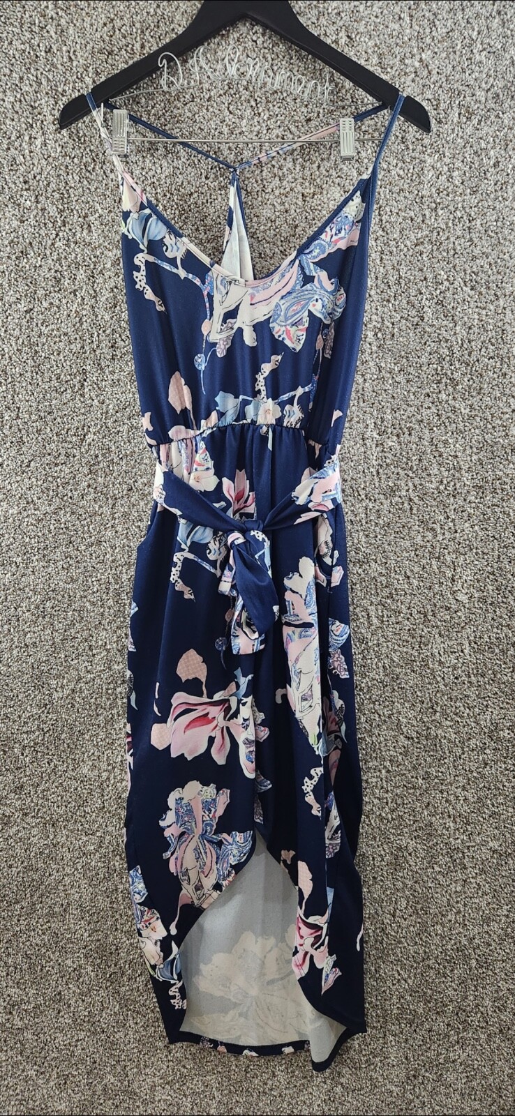 Unbranded Womens L Hi-Low Mid Length Floral Sleeveless Dress Tie Belt Racerback