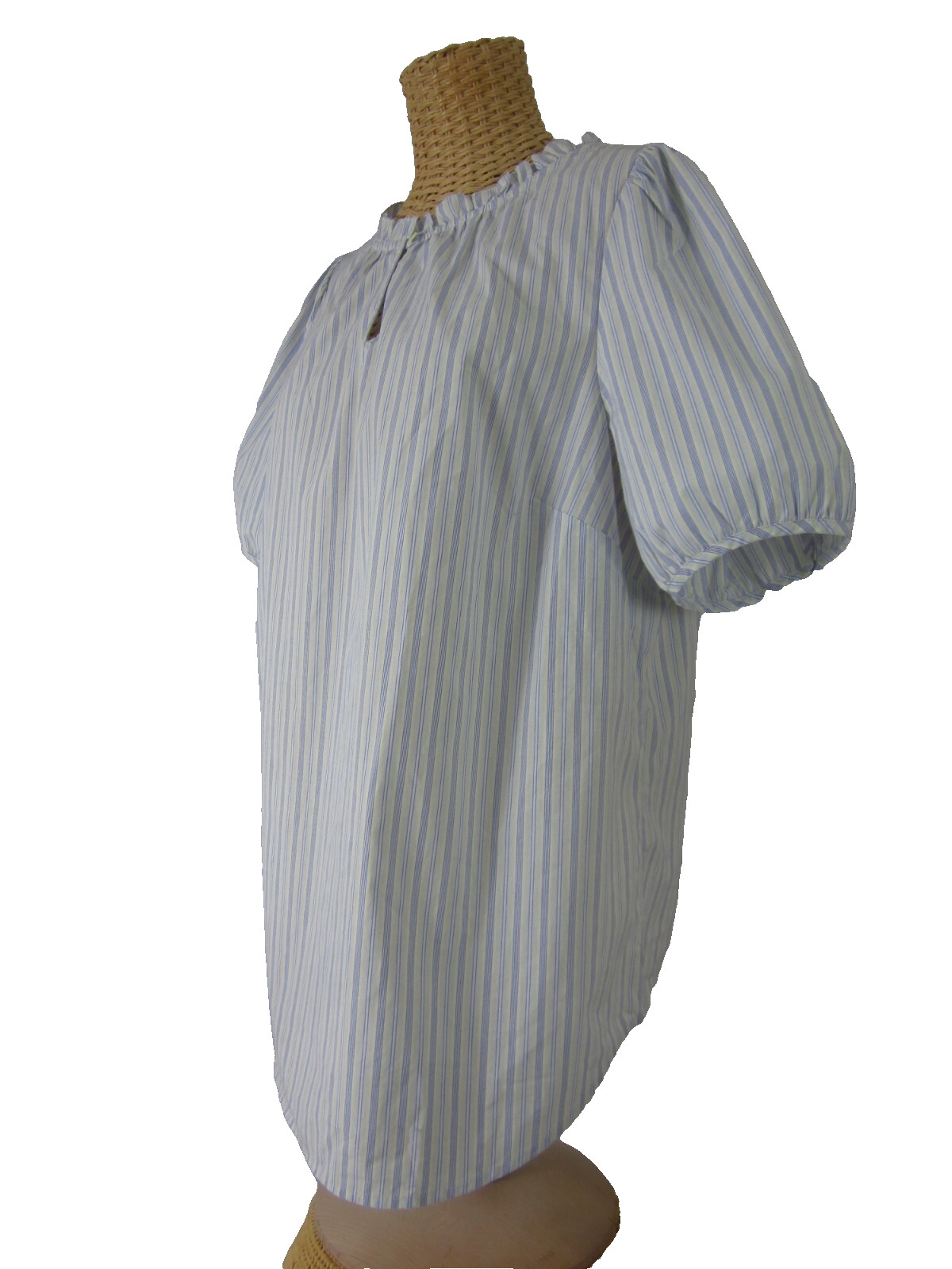 Talbots Womens L Blue White Yellow Striped Ruffle SS Blouse Peasant Shirt Cotton