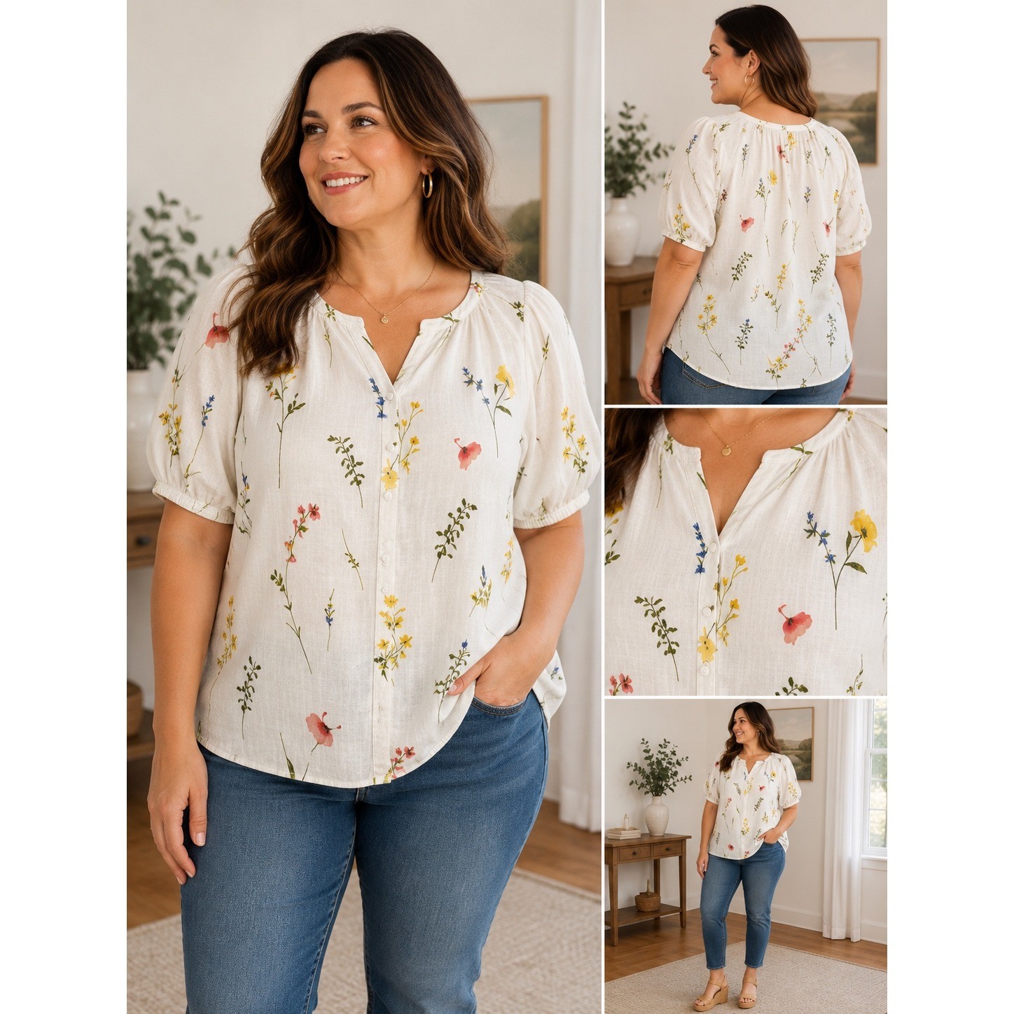 Daniel Rainn Floral Rayon Linen Blouse V-Neck Button Front Top Plus 1X Ivory