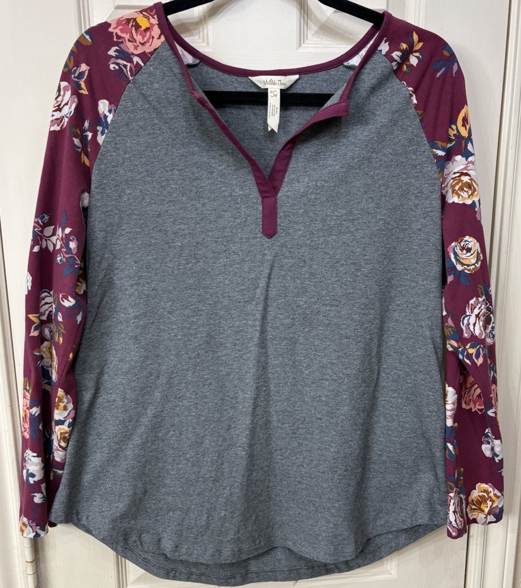 Matilda Jane T-shirt Women’s Large Gray With Floral Raglan Sleeves Sz L See pics