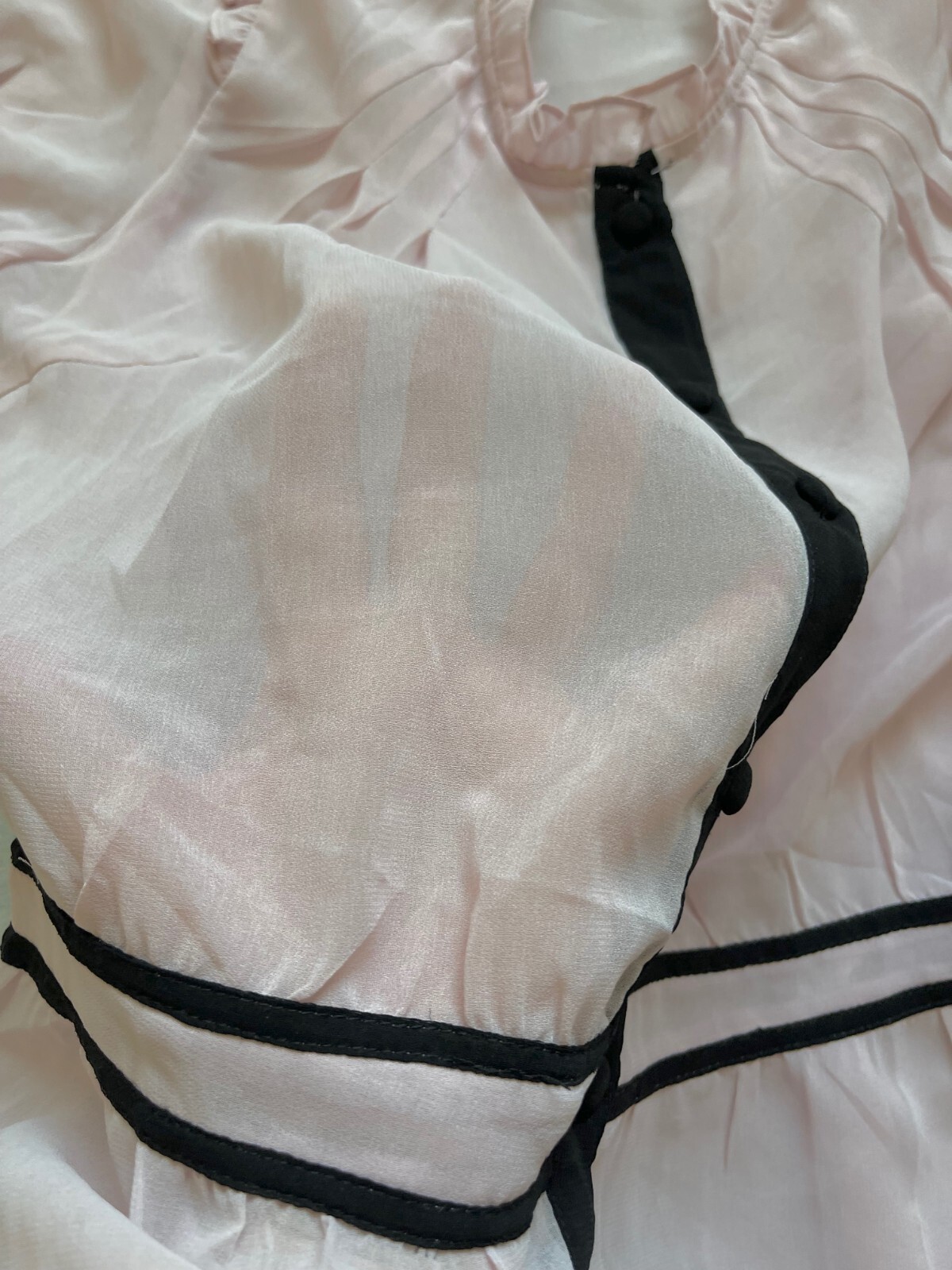 LUCCA COUTURE, WOMEN’S M SHEER PALE PINK & BLACK CONTRAST, BUTTON FRONT BLOUSE
