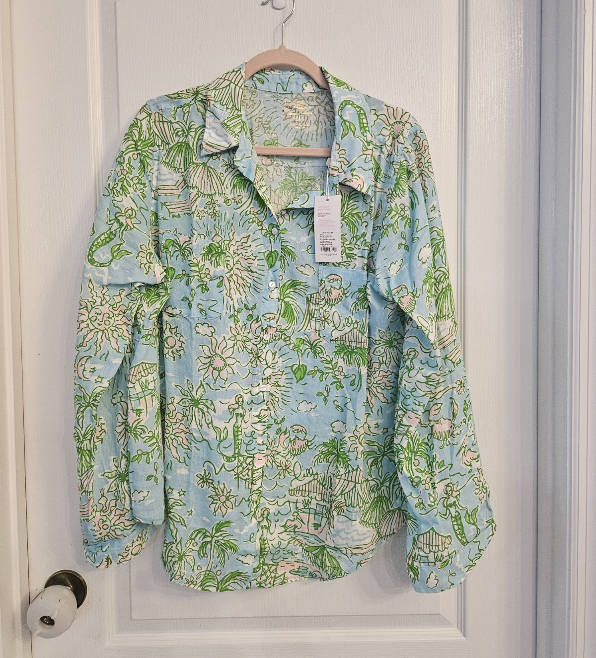 Lilly Pulitzer XL Linen Button-Up Collared Long Sleeve Floral Beach Shirt