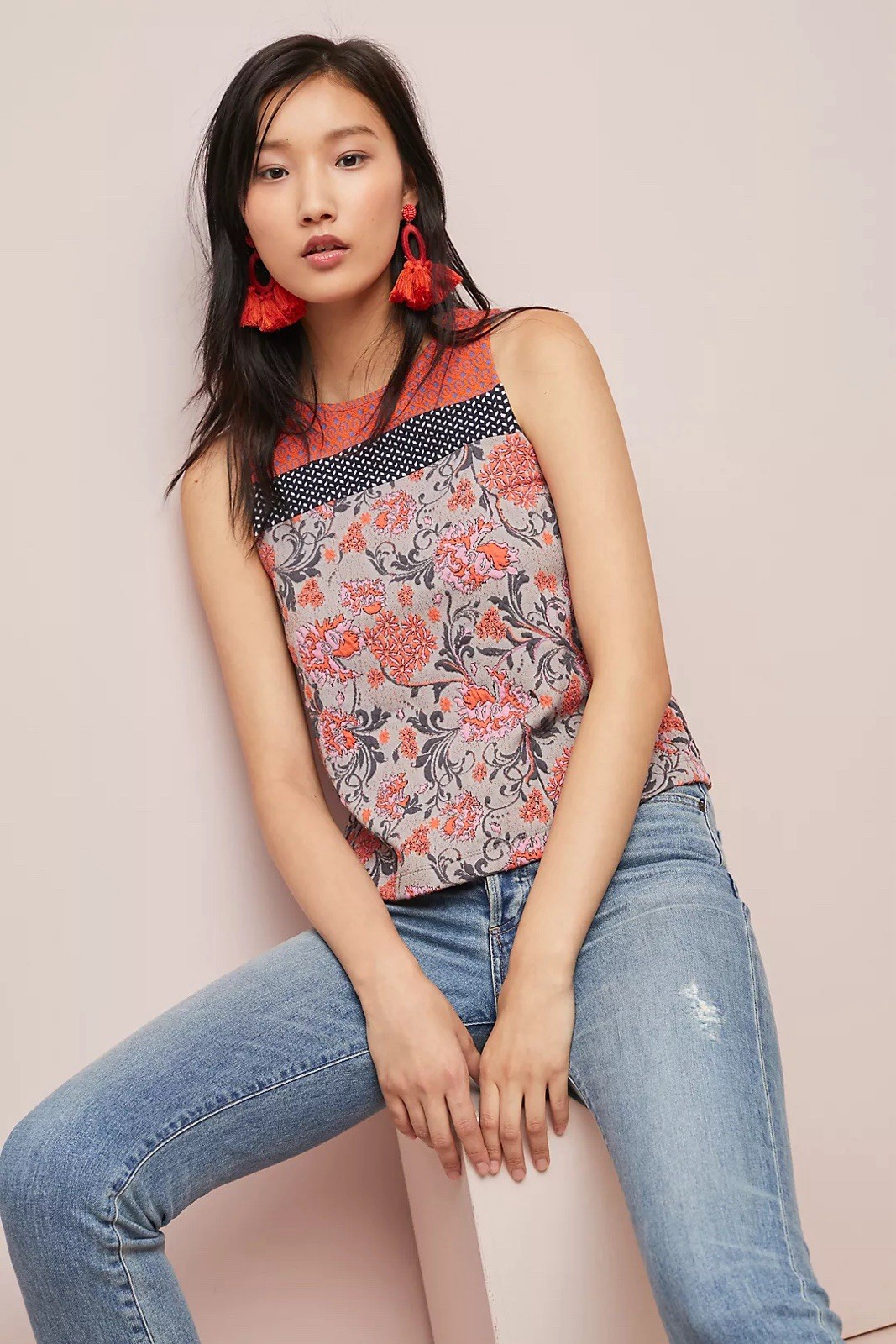 Meadow Rue by Anthropologie Poppy Jacquard Tank Top Grey Orange Sleeveless S