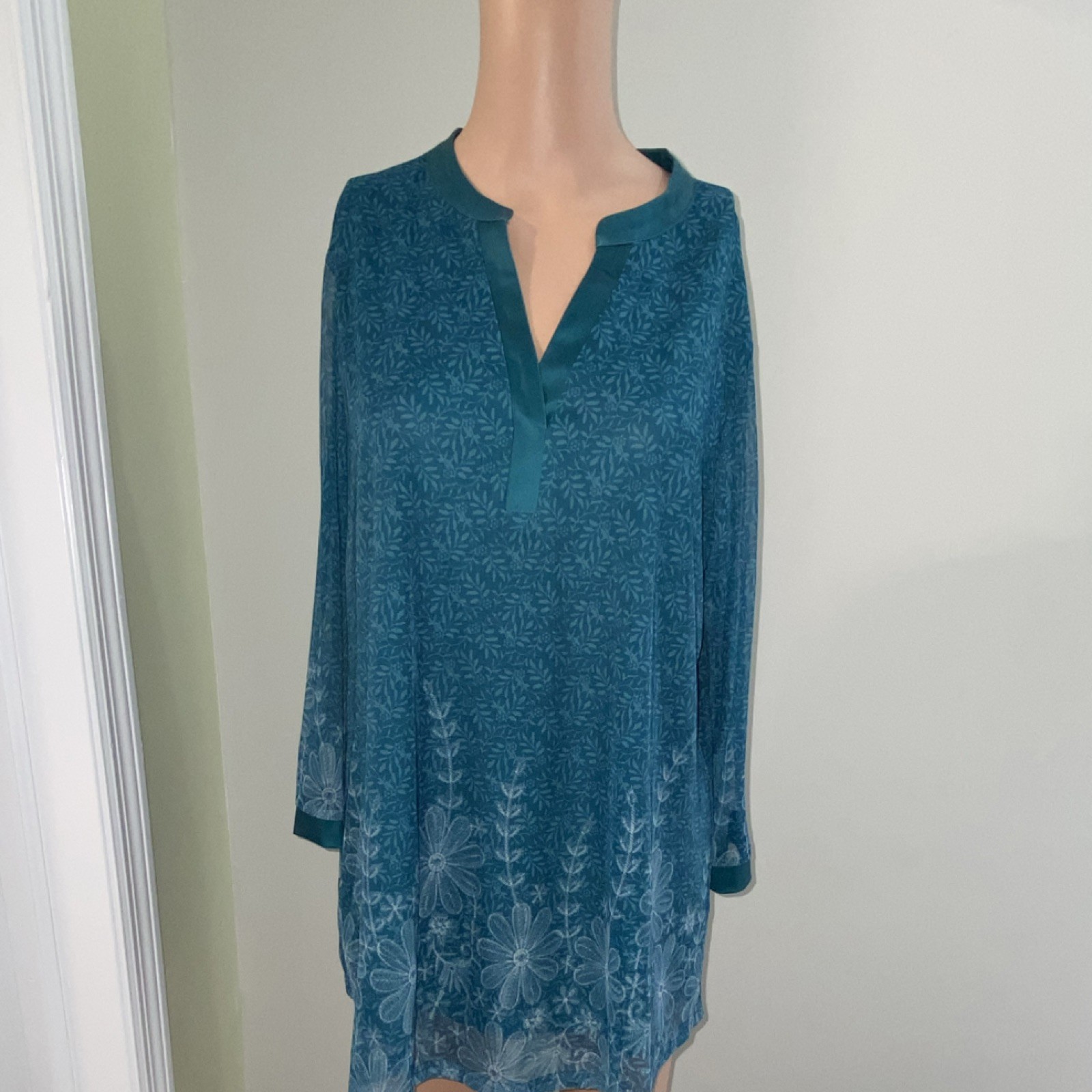 Timeson Teal White Floral Split Neck 3/4 Sleeve Tunic Blouse Women’s Size XL