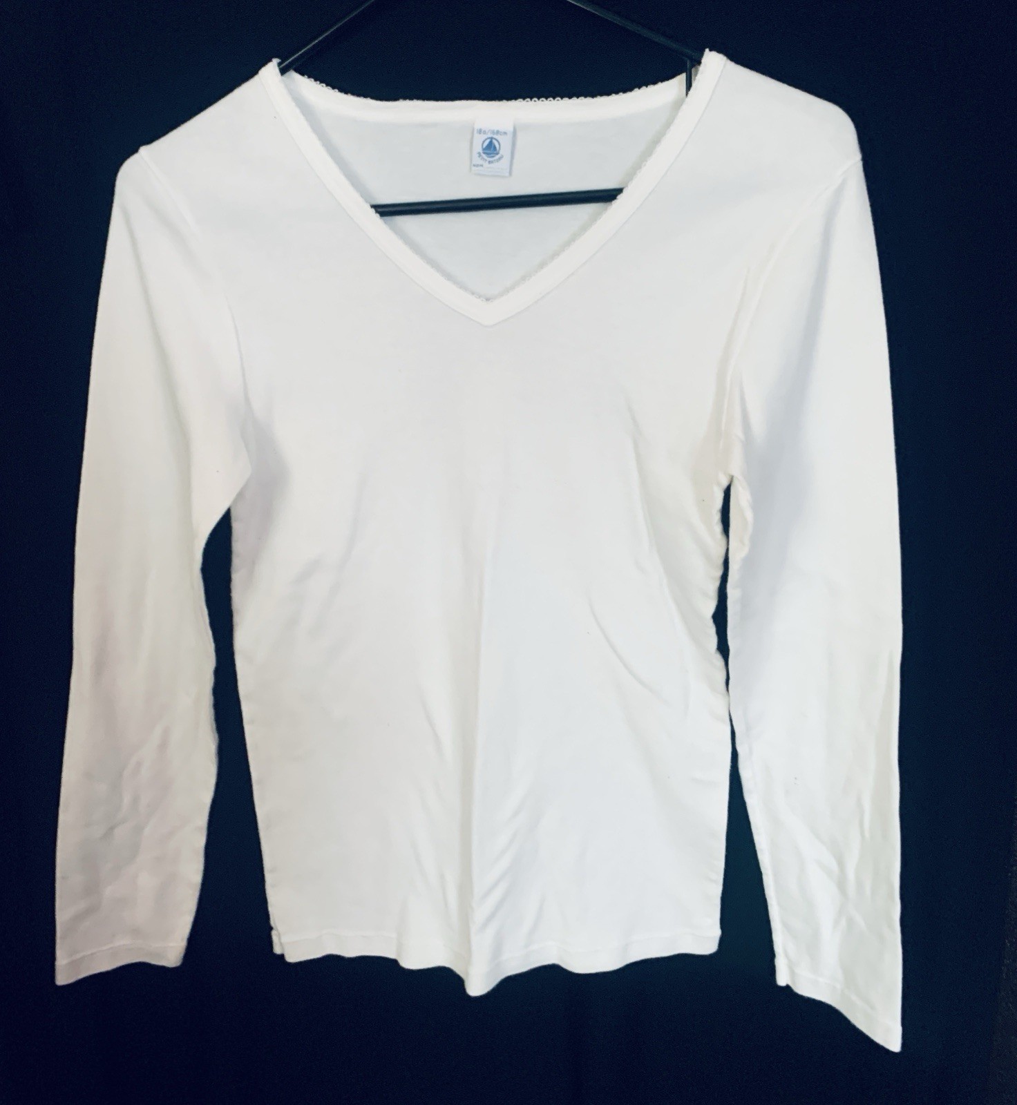 NWOT Iconic Vtg Petit Bateau White V-Neck L/S Shirt Crochet Trim 18 Ans XS