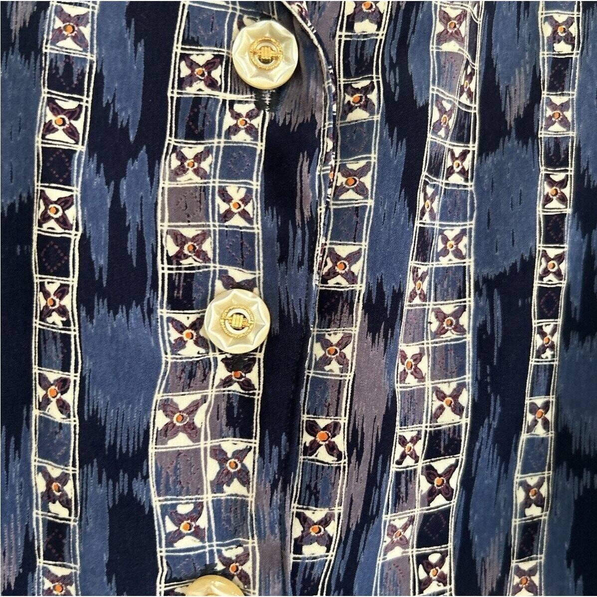 70s Mod Blouse Blue White Gold Buttons Size M Shirt