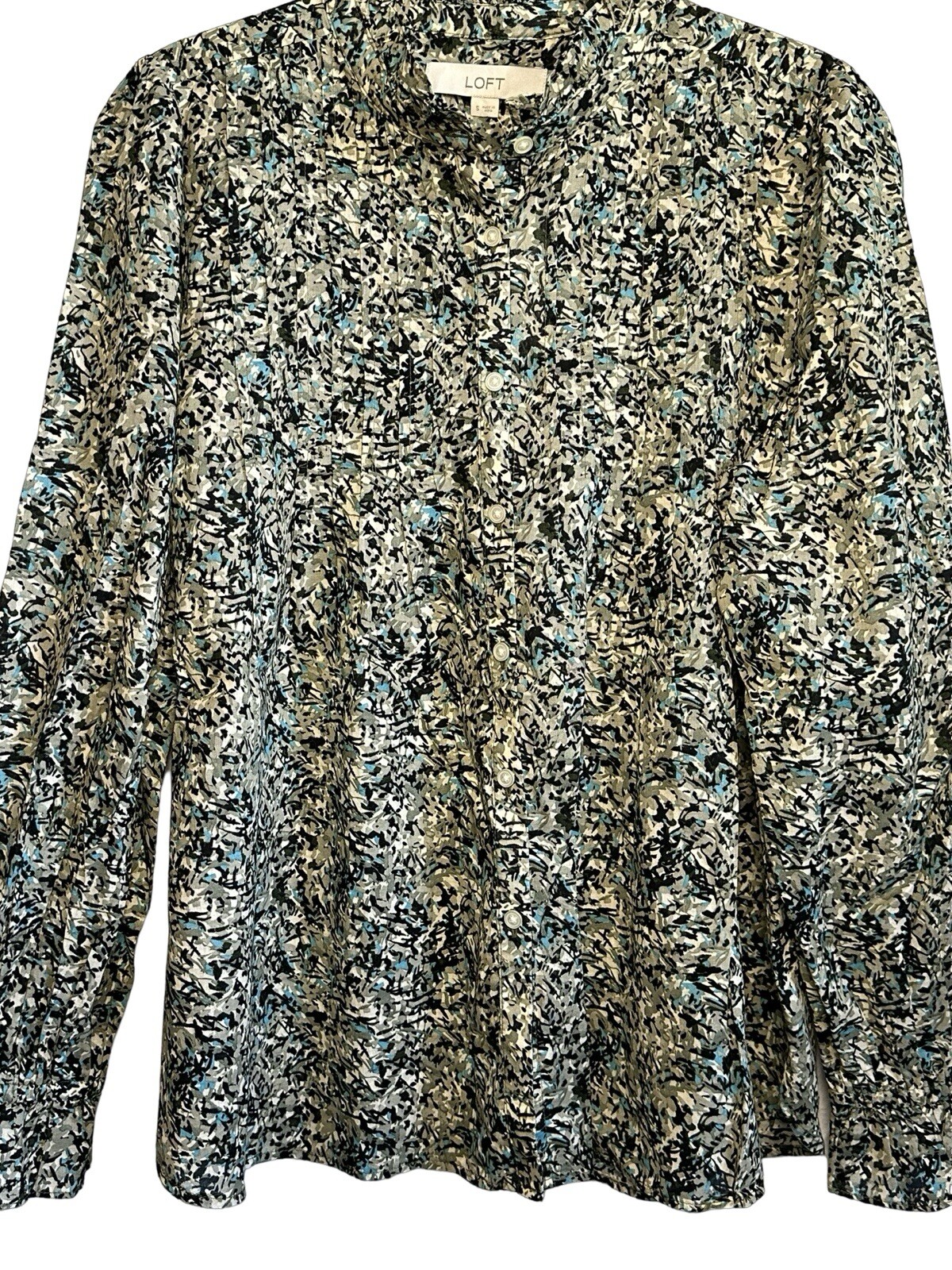 LOFT NWT Printed Pintucked Ruffle Long Sleeve Button Front Blouse Size Small