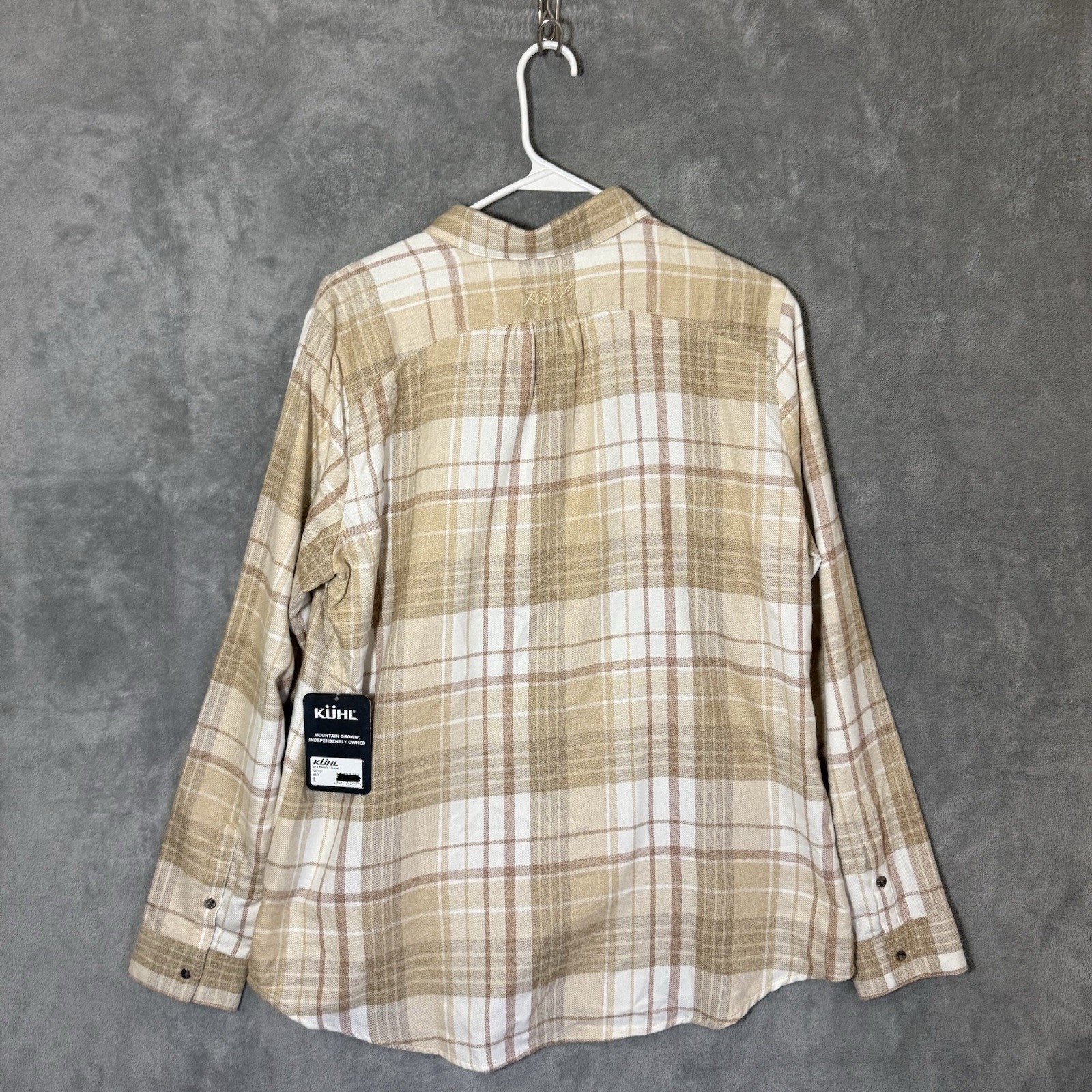 NWT KUHL Kamila Flannel Shirt Womens L Copper Beige Plaid Gorpcore Outdoor