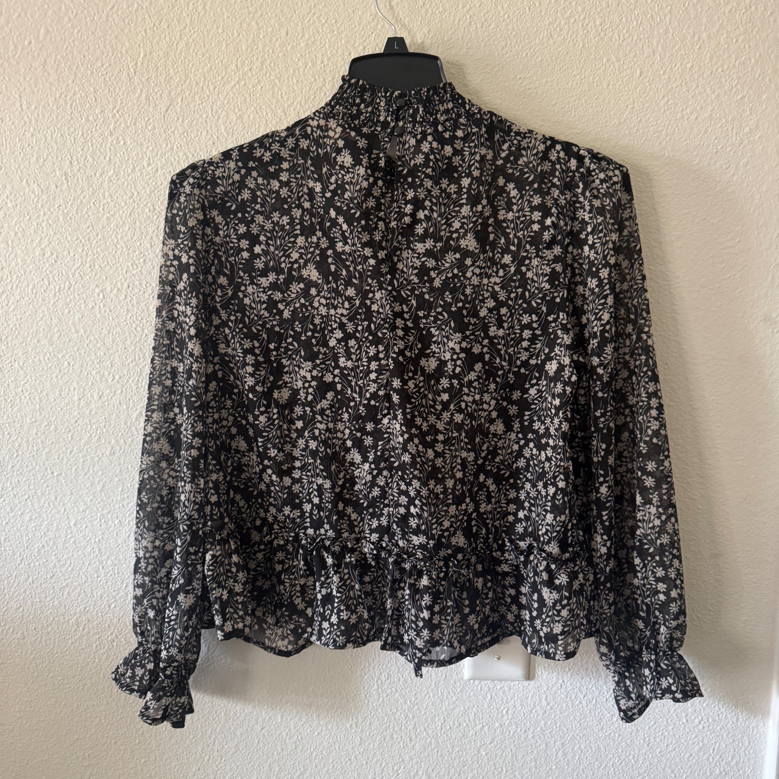 Floral Ruffle Smocked Neck Chiffon Top Black Floral Womens L Boho Fairy Cottage