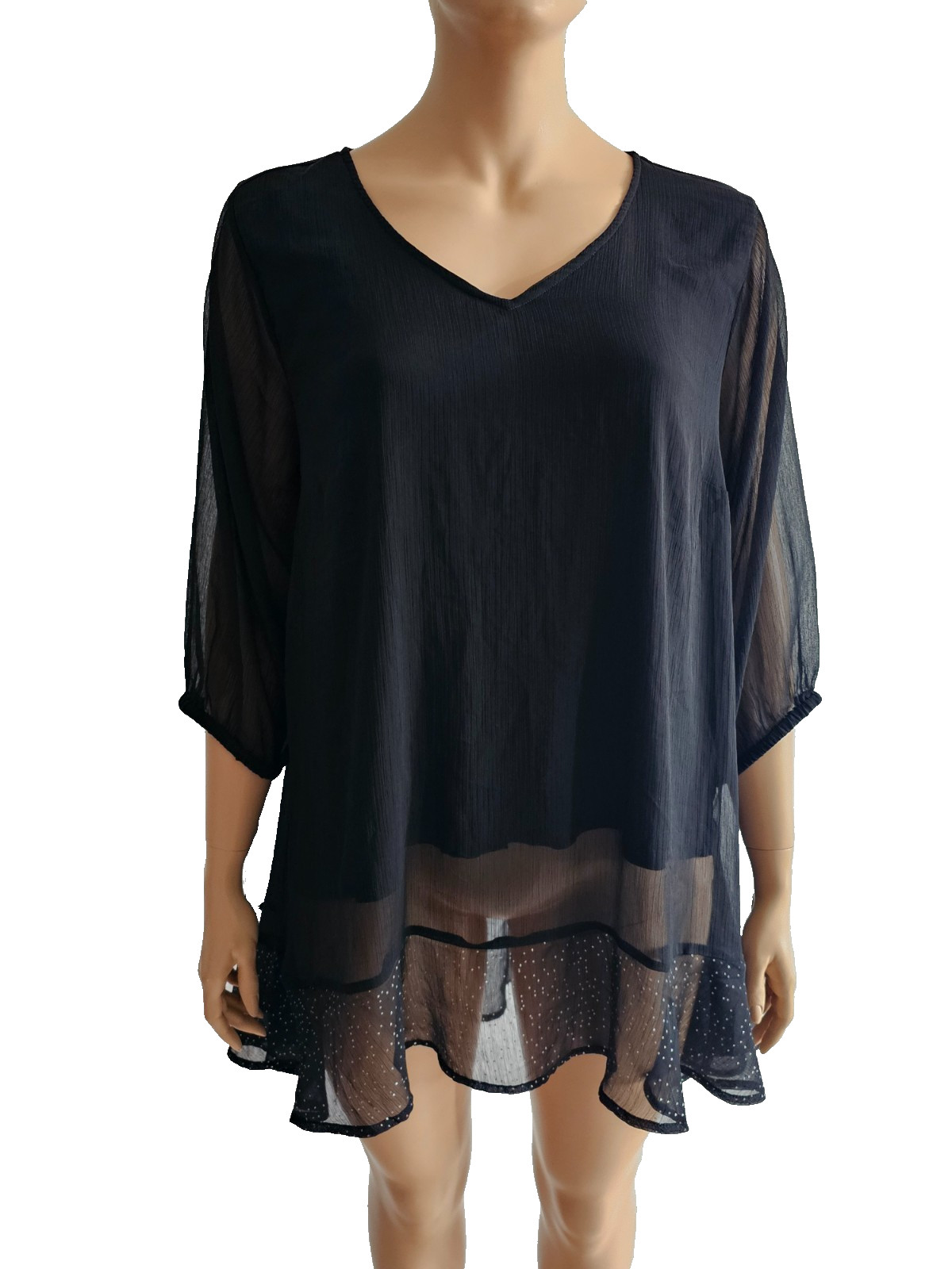 Zhenzi size 54-56 tunic summer blouse chiffon rhinestones asymmetrical Black