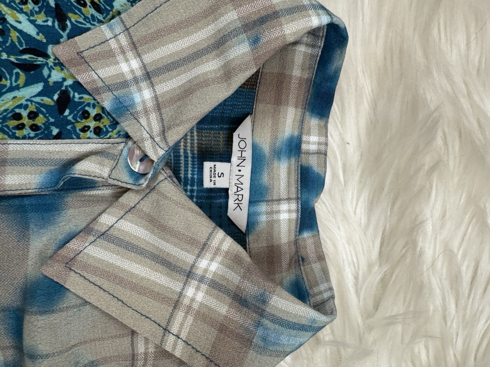 John Mark Size S Tunic Floral Multicolor Roll-Tab Sleeve Plaid NWT $129