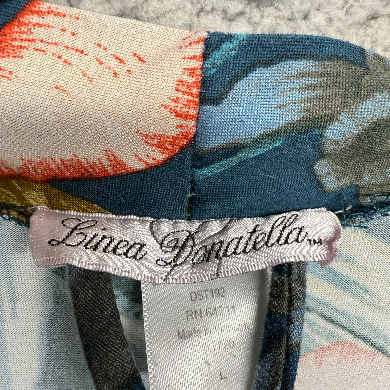Linea Donatella Blue Womens L Tropical Hibiscus Floral Stretch Wrap Kimono Top