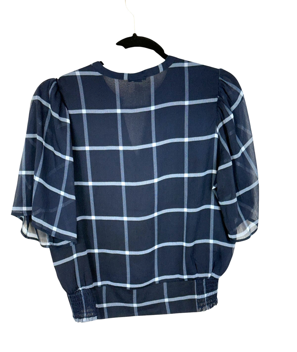 Ann Taylor blouse size S navy window pane plaid semi sheer lined office casual
