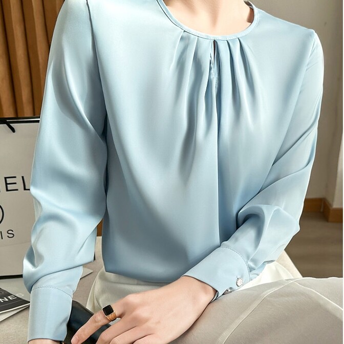 Mulberry Silk Tops Long Sleeve Shirt Round Neck Formal Breathable Womens Blouse