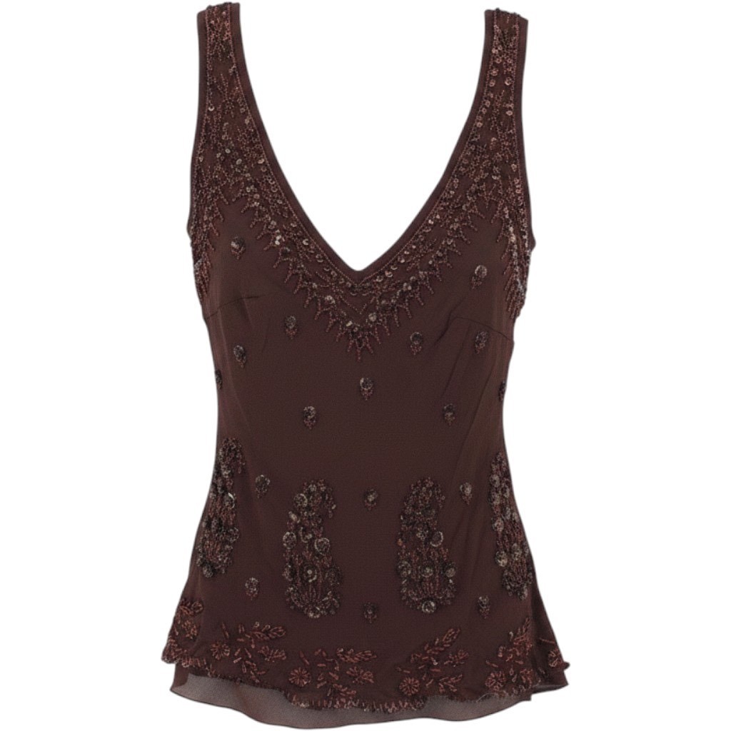 VTG Monsoon Tank Top Womens 4 Brown Silk Beaded Sequin Paisley Y2K Whimsy Fairy