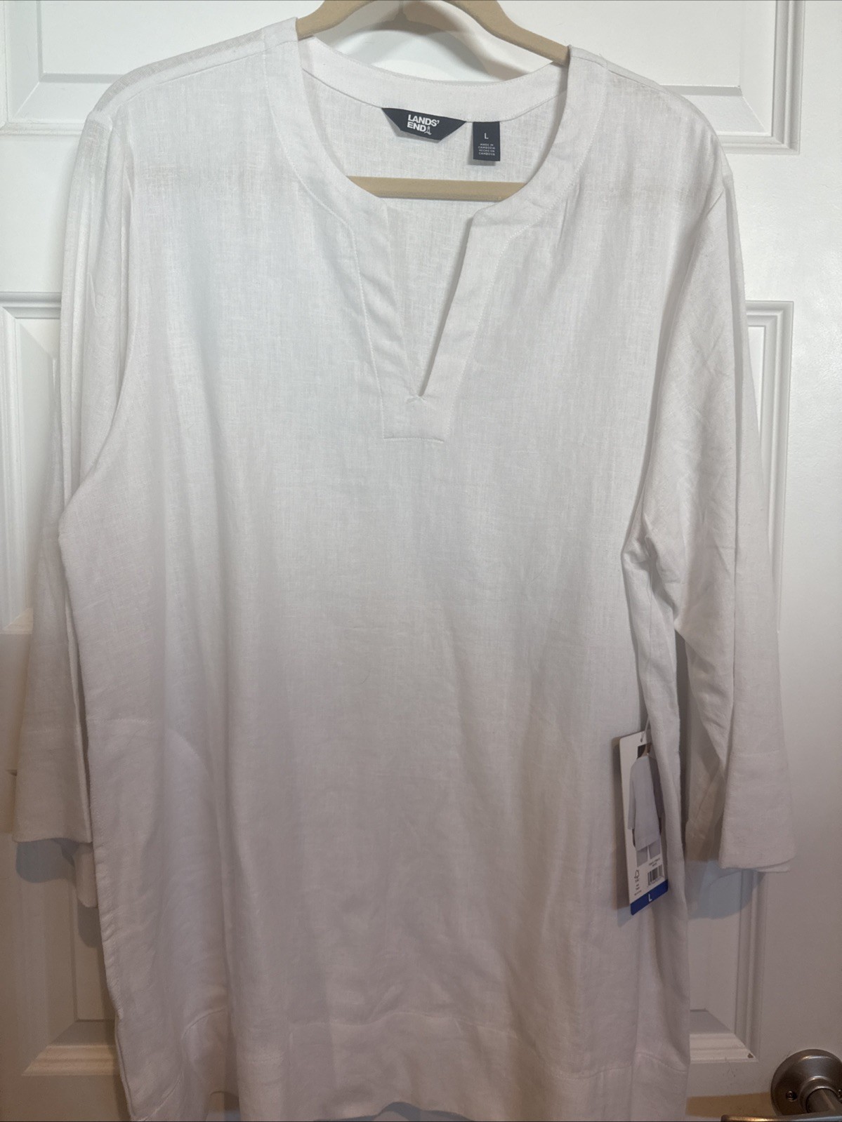 Lands’ End Women’s Spilt Neck 3/4 Sleeve Tunic Blouse, White, Size L NEW