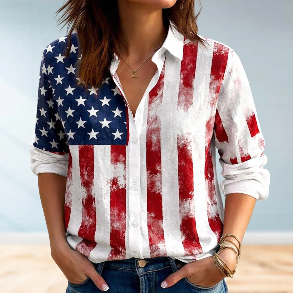 USA Flag Women Shirt Patriotic Red White Blue Blouse 4th Of July Holiday Top