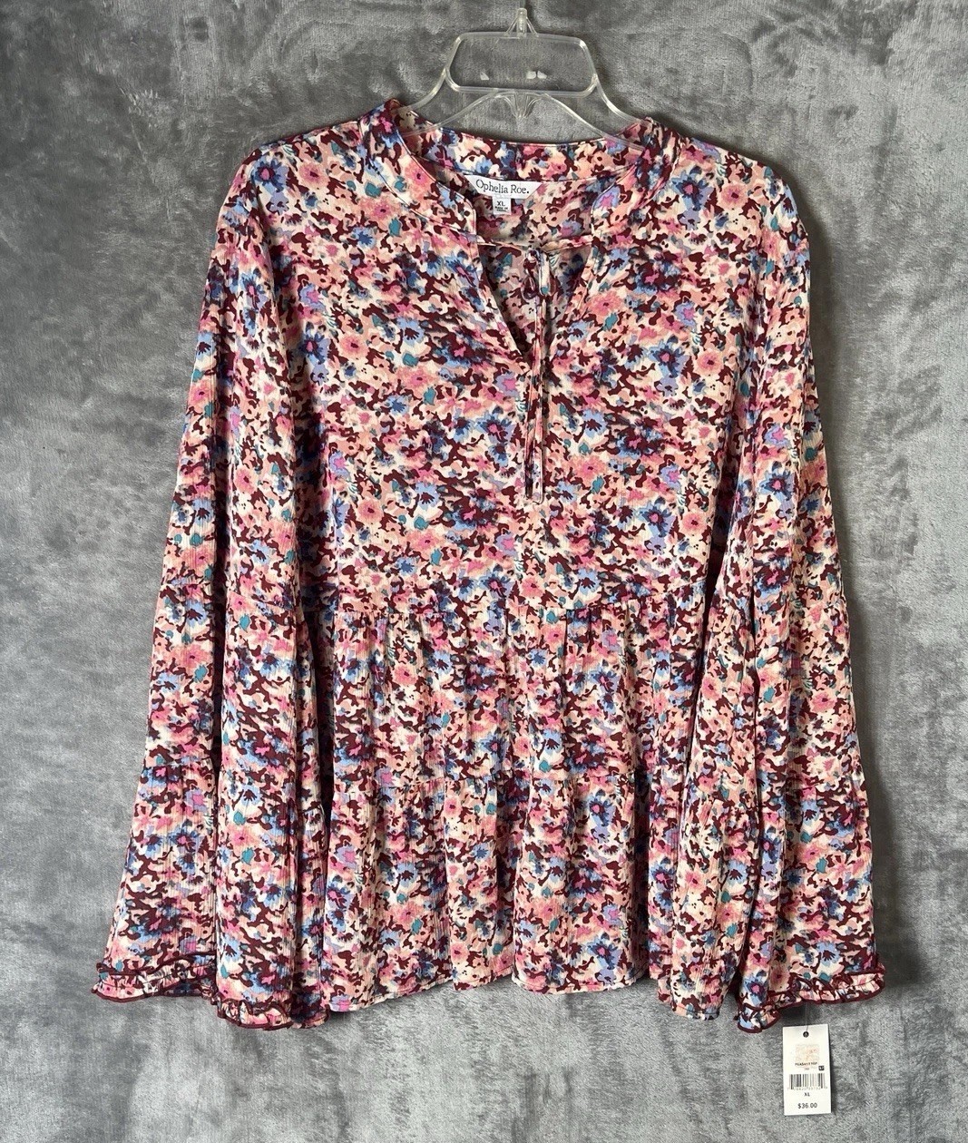 🆕 Ophelia Roe Women’s Peasant Top Floral Long Tiered Bell Sleeve Peplum Size XL