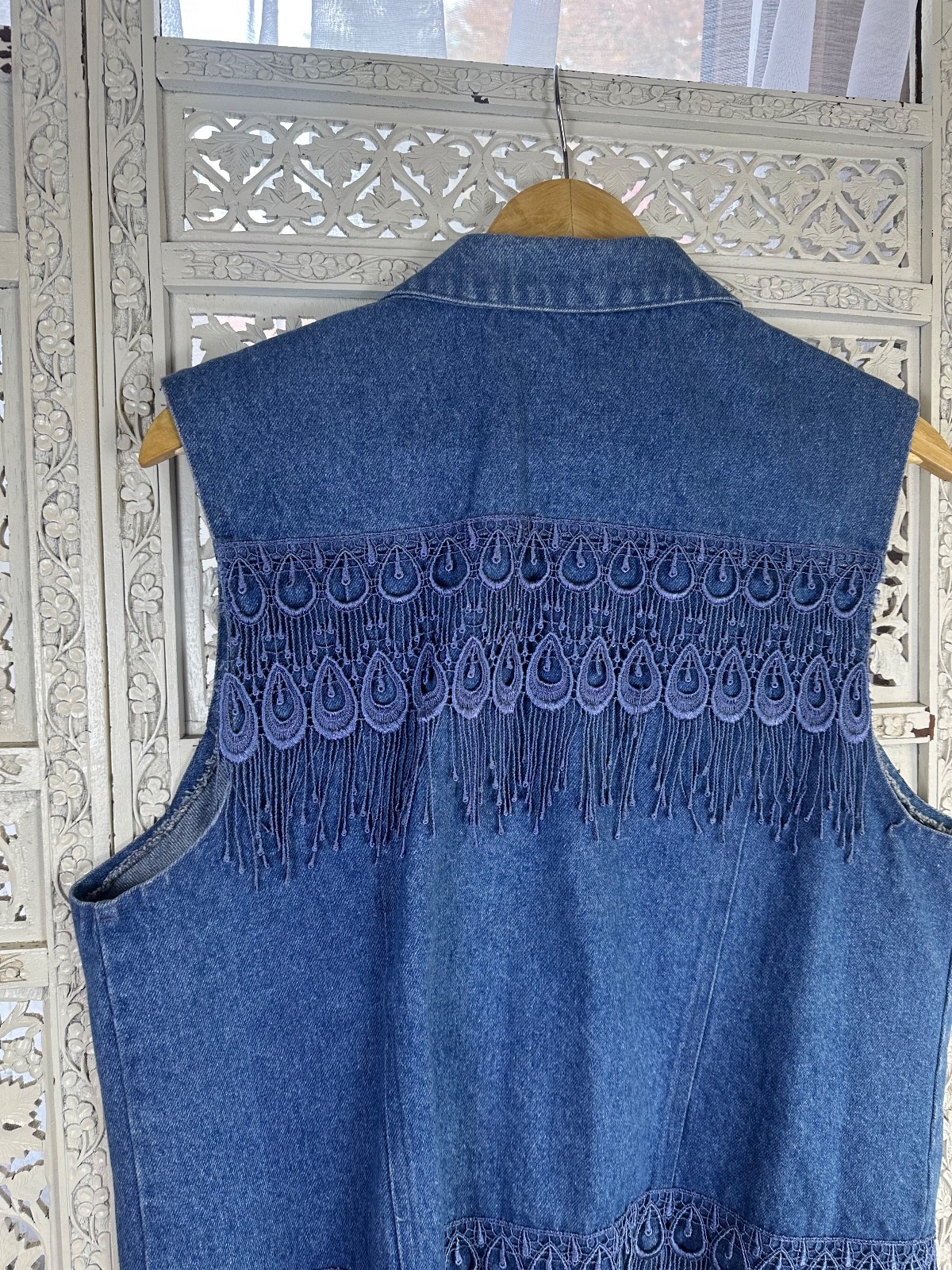 Vtg Denim Lace Fringe Western Boho Button Up Sleeveless Vest Sz XL