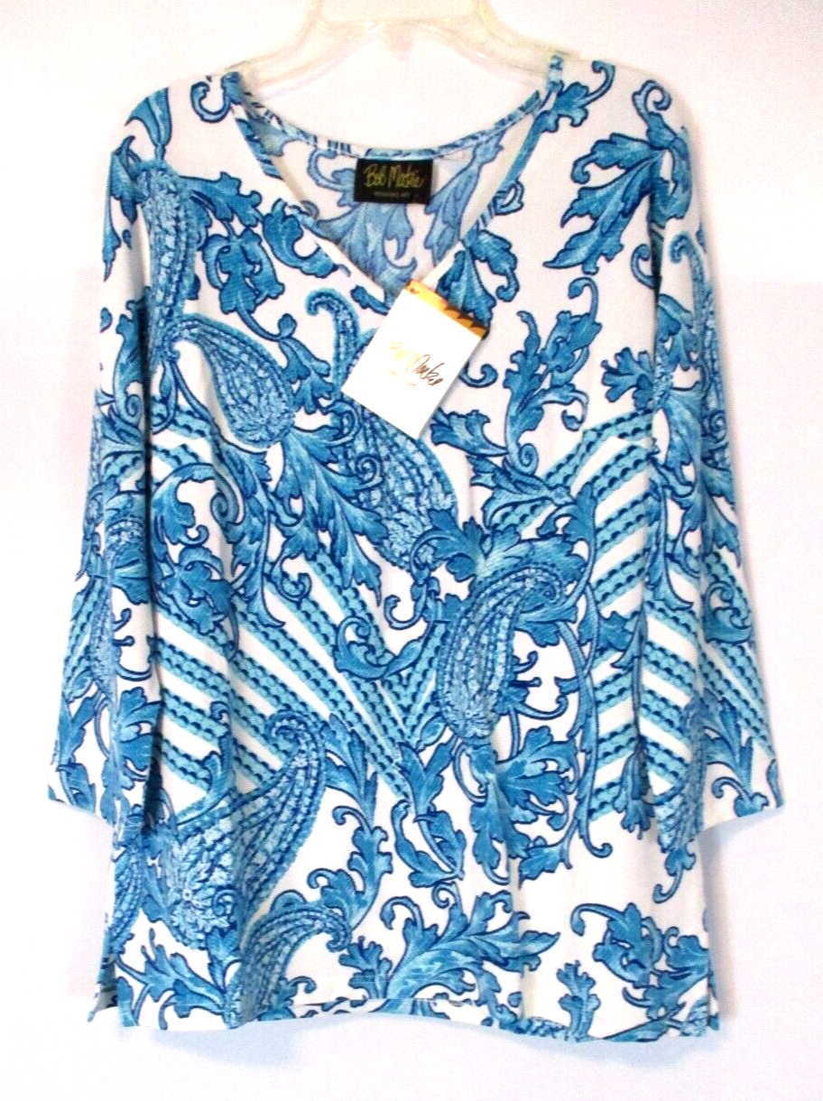 Bob Mackie Paisley Knit Shirt Blue Sz Small Pull On A375590 Women CB1E